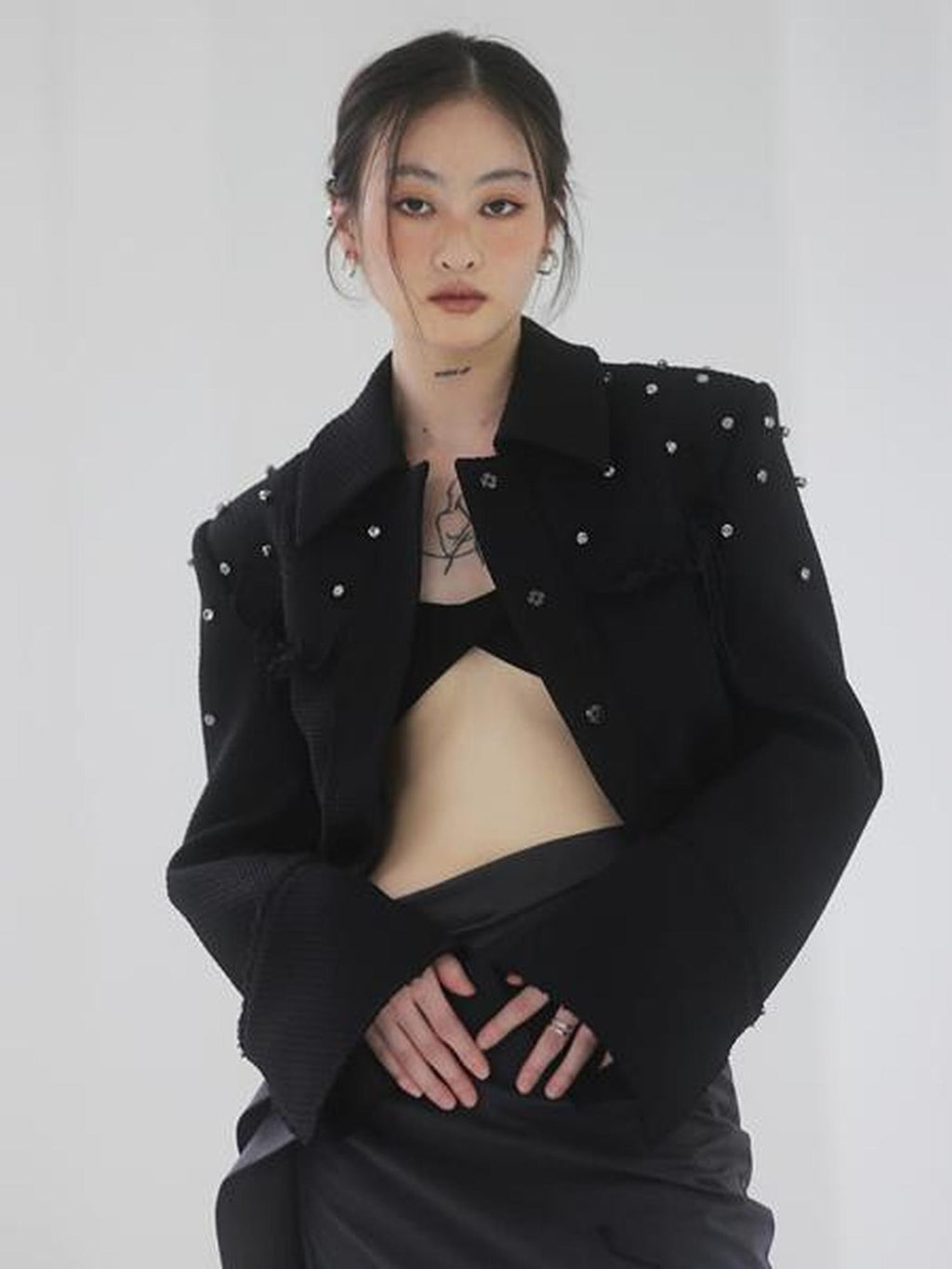 Jnylon studios Black Punk Distressed Rhinestone Tassel Beaded Buttons Women's Cropped Jackets