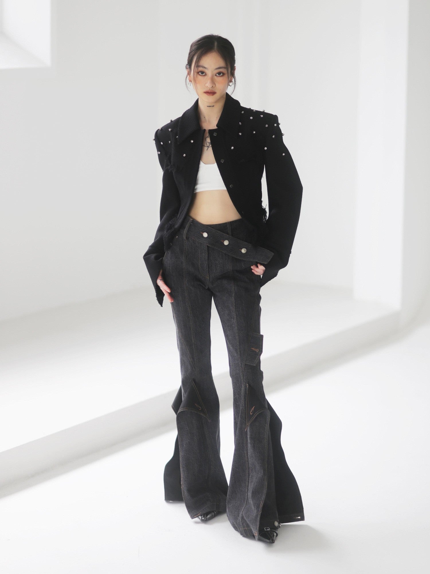 Jnylon studios Black Punk Distressed Rhinestone Tassel Beaded Buttons Women's Cropped Jackets