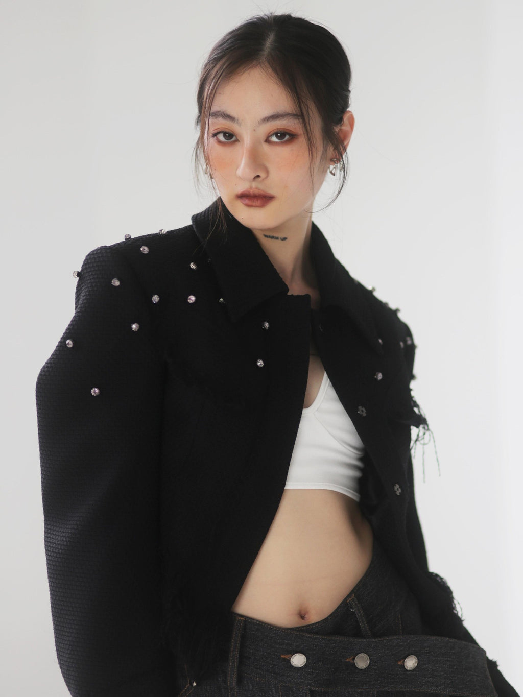 Jnylon studios Black Punk Distressed Rhinestone Tassel Beaded Buttons Women's Cropped Jackets