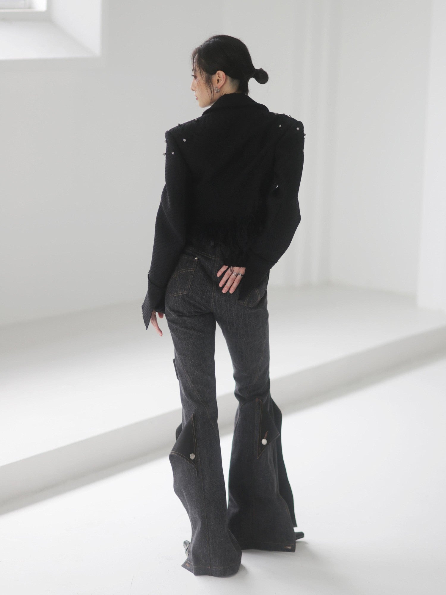 Jnylon studios Black Punk Distressed Rhinestone Tassel Beaded Buttons Women's Cropped Jackets
