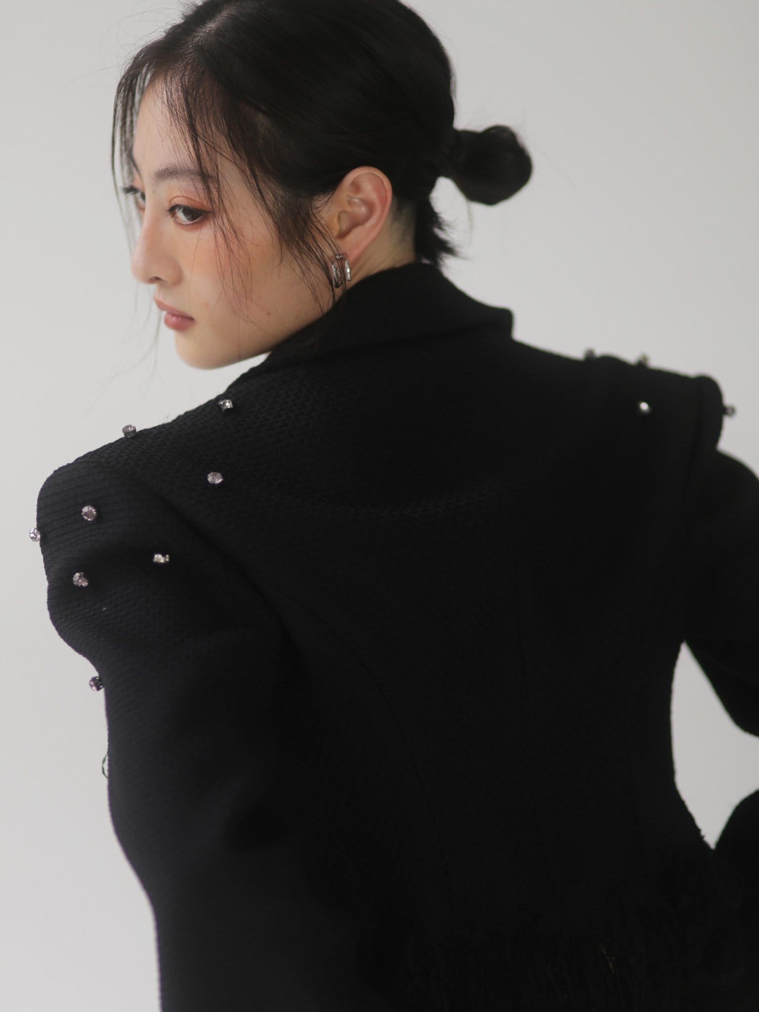 Jnylon studios Black Punk Distressed Rhinestone Tassel Beaded Buttons Women's Cropped Jackets