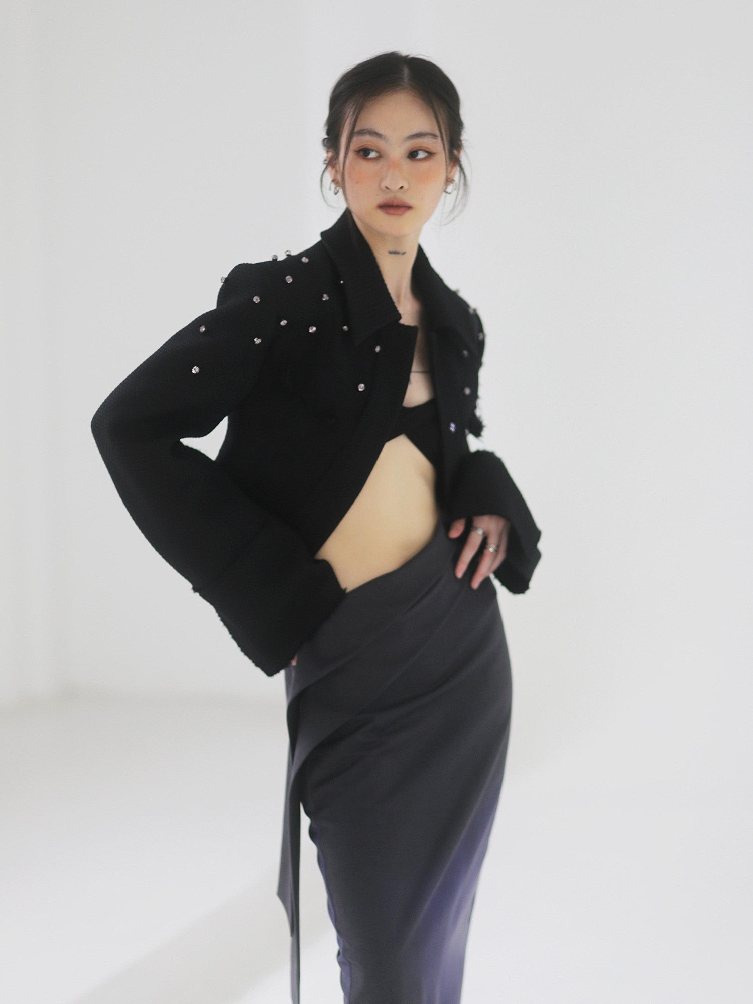 Jnylon studios Black Punk Distressed Rhinestone Tassel Beaded Buttons Women's Cropped Jackets