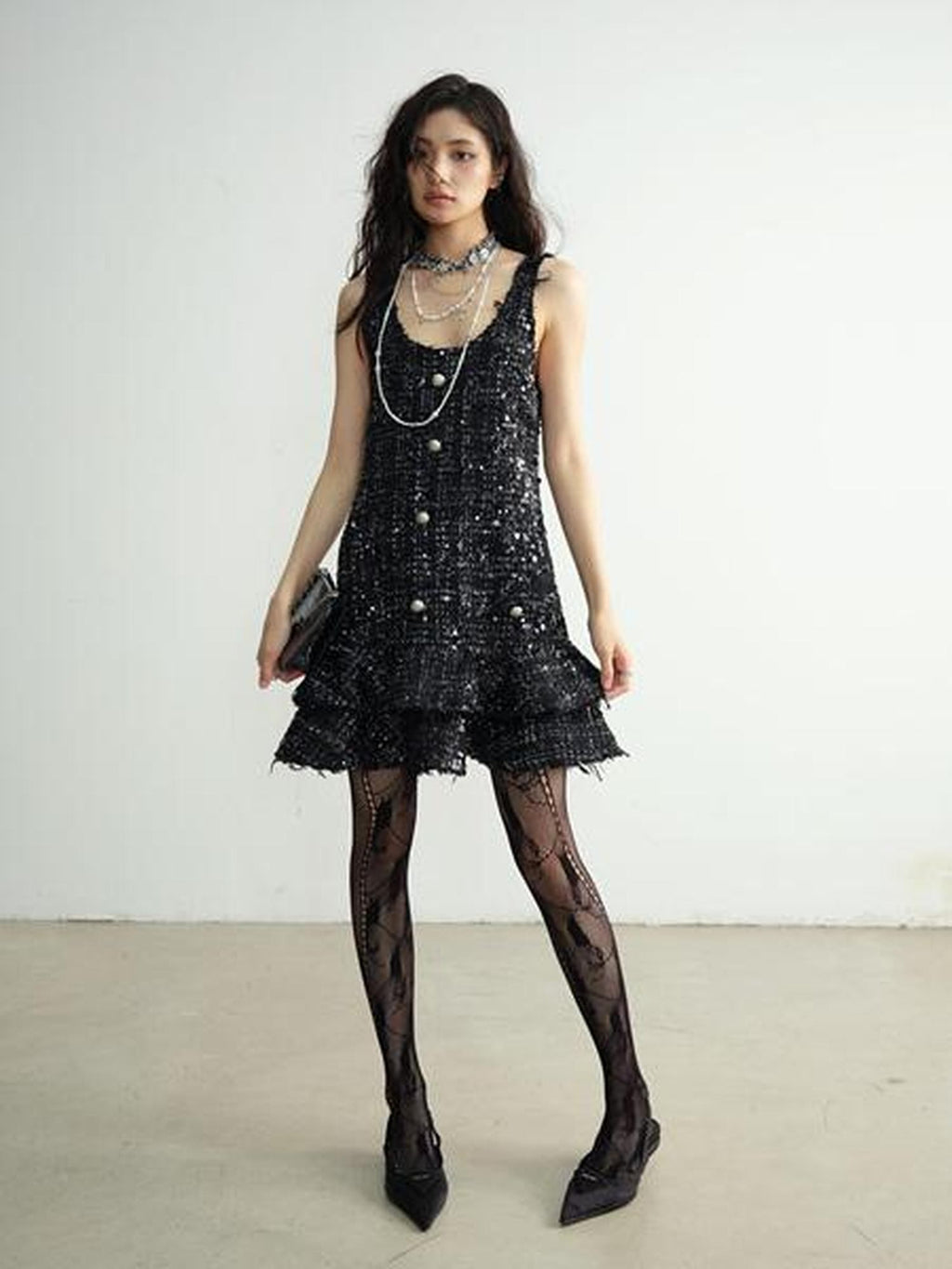 Jnylon studios Black Sequined Tassel Ruffled Distressed Women's Polyester Casual Mini Dresses