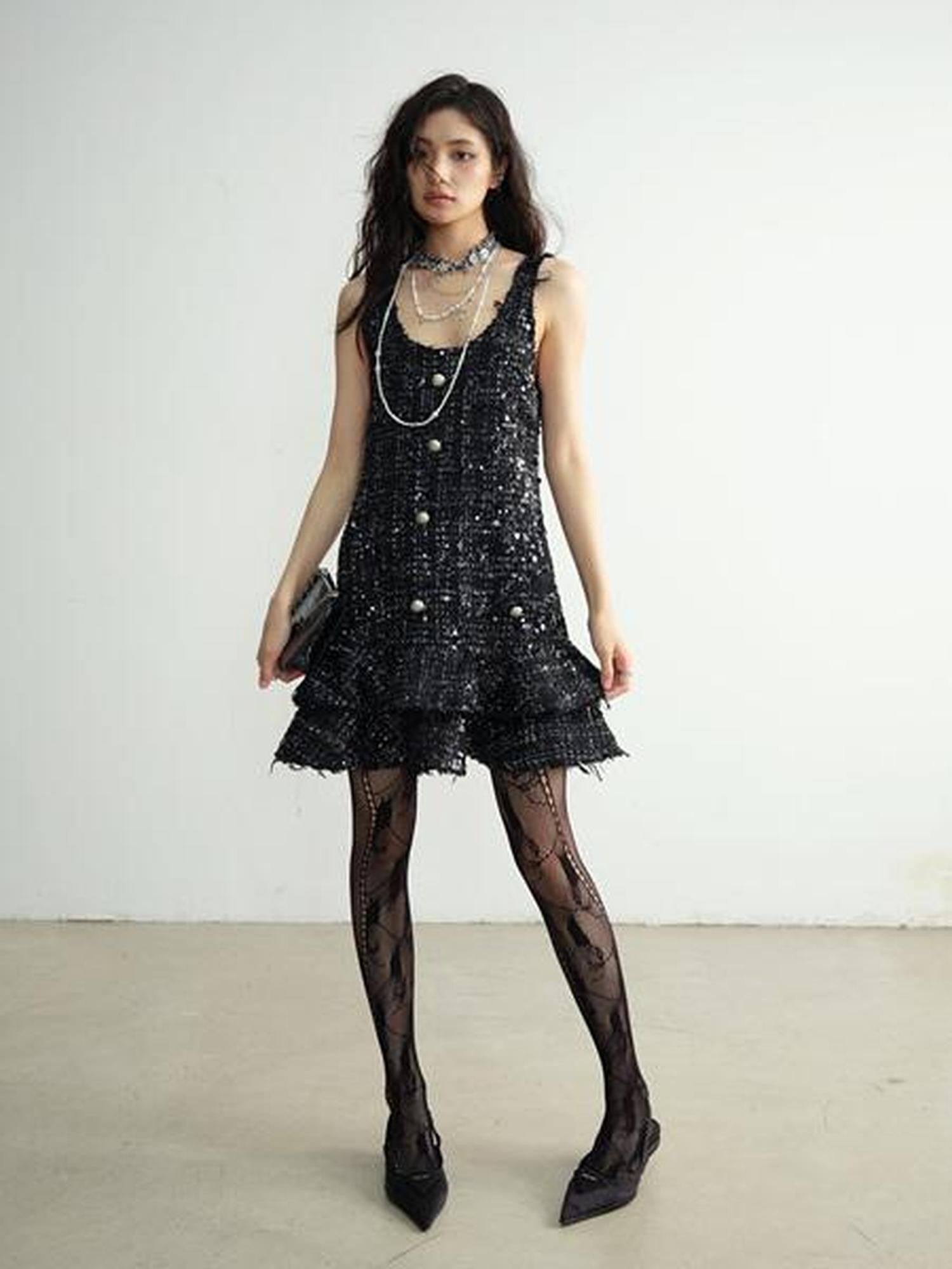 Jnylon studios Black Sequined Tassel Ruffled Distressed Women's Polyester Casual Mini Dresses