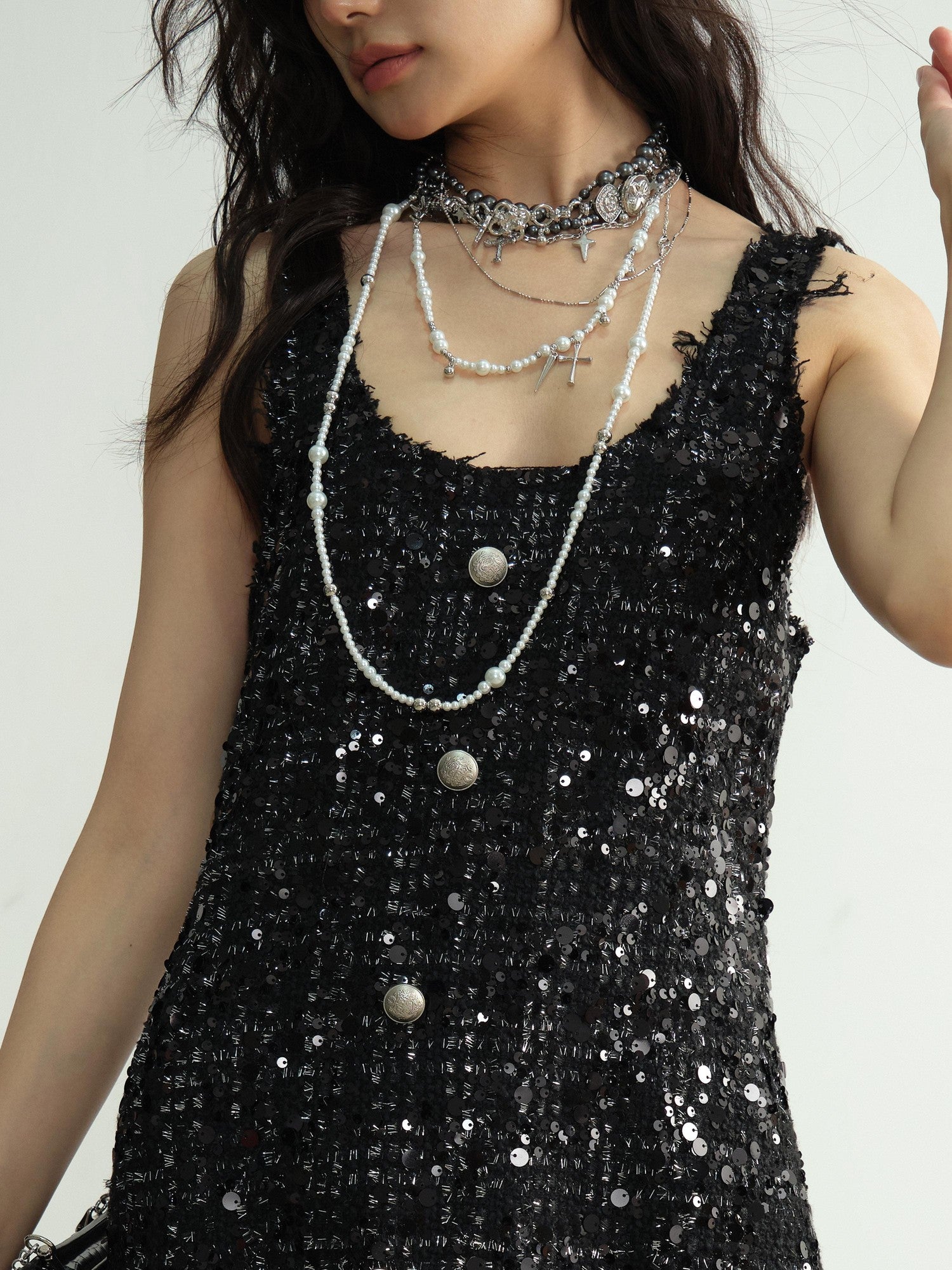 Jnylon studios Black Sequined Tassel Ruffled Distressed Women's Polyester Casual Mini Dresses