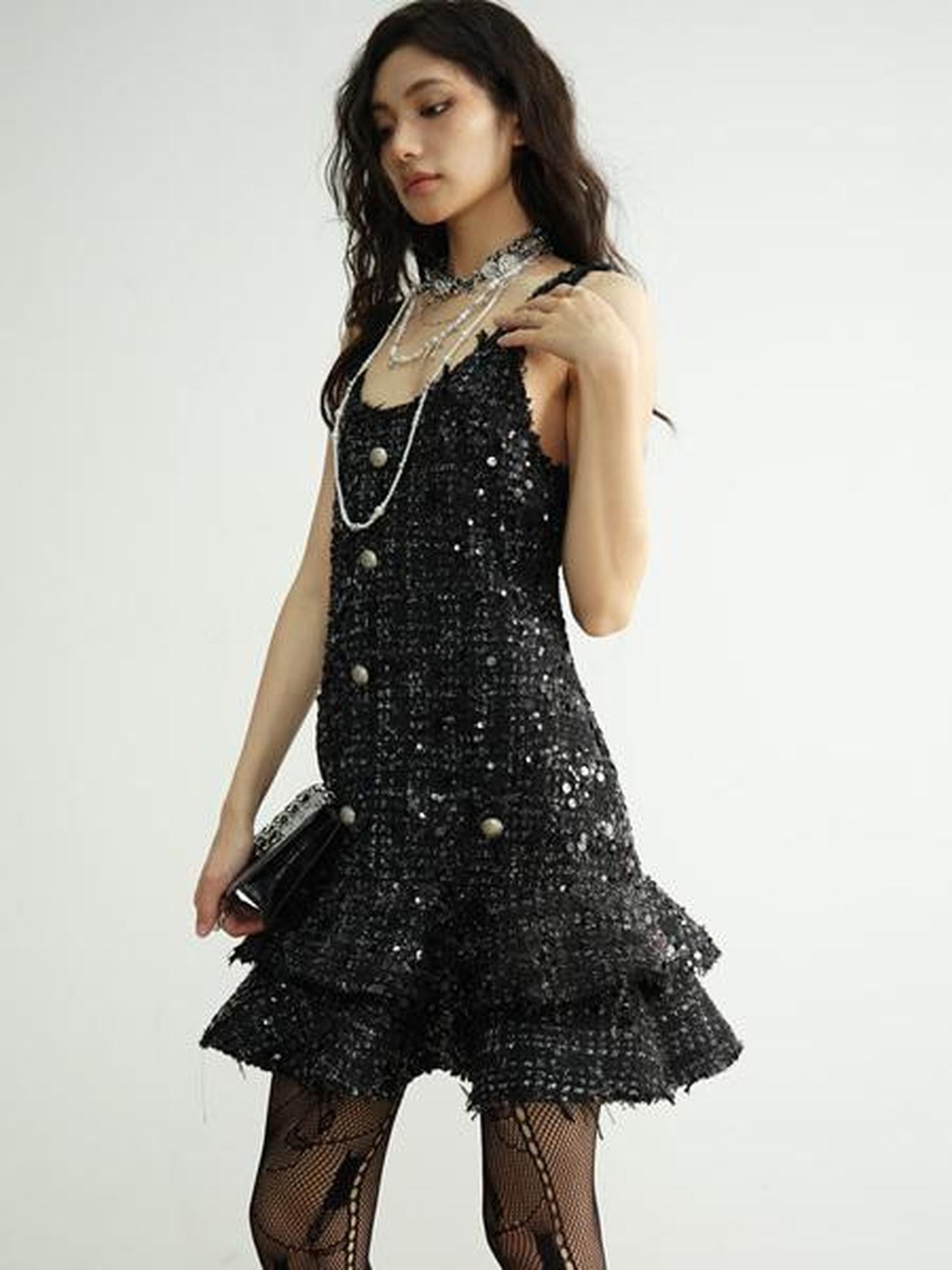 Jnylon studios Black Sequined Tassel Ruffled Distressed Women's Polyester Casual Mini Dresses