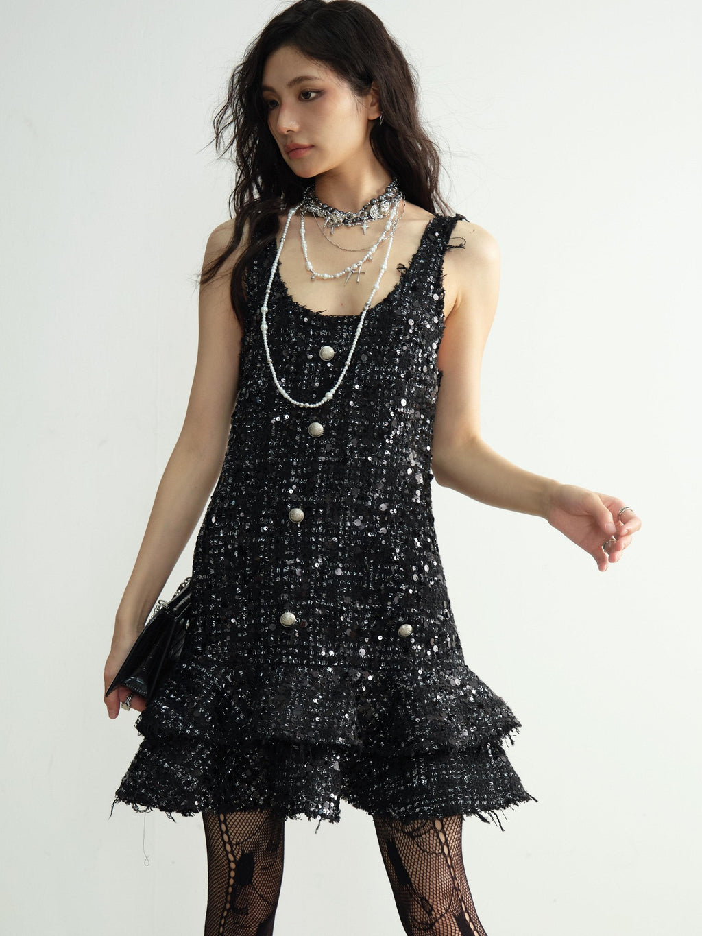 Jnylon studios Black Sequined Tassel Ruffled Distressed Women's Polyester Casual Mini Dresses