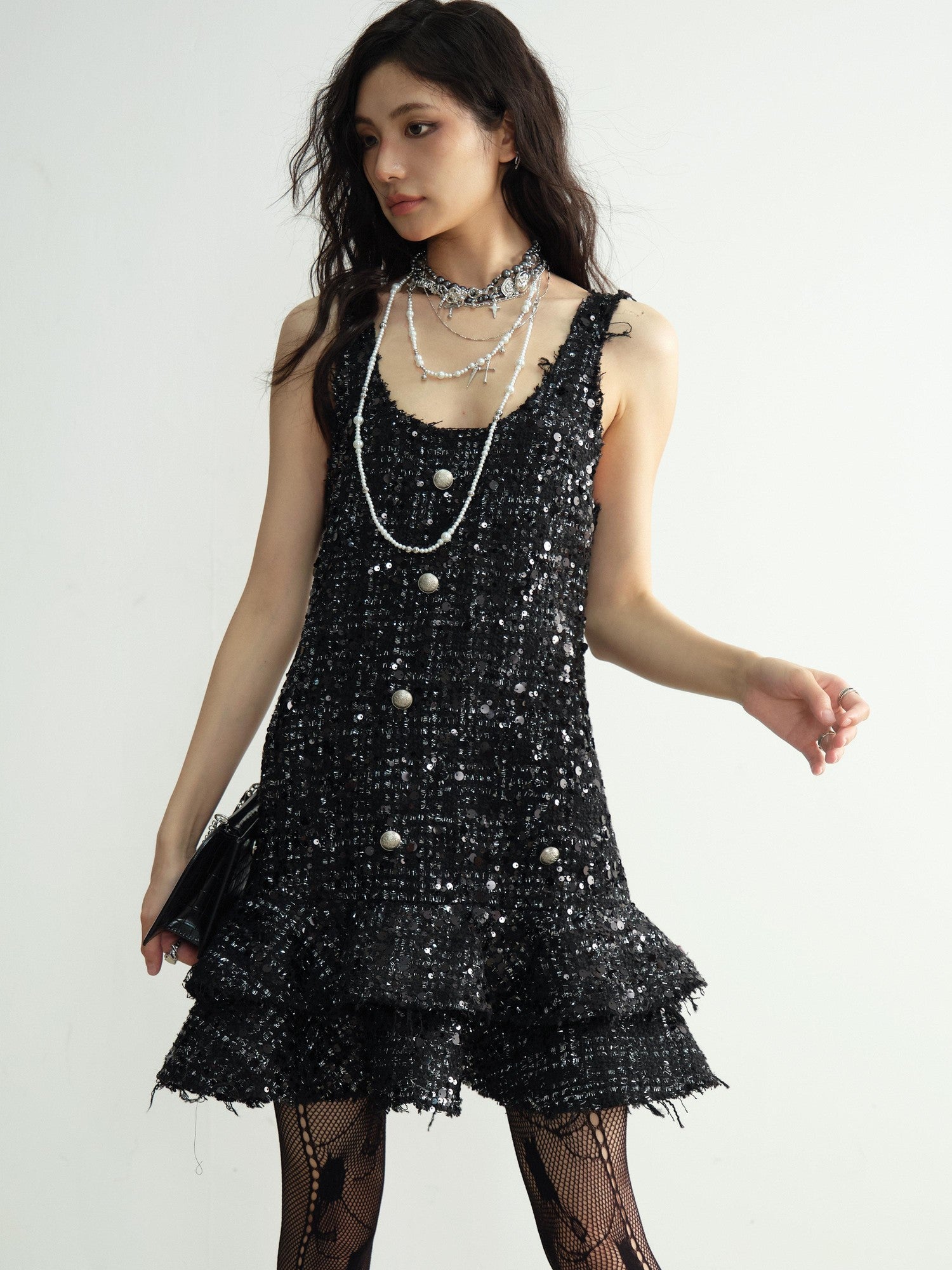 Jnylon studios Black Sequined Tassel Ruffled Distressed Women's Polyester Casual Mini Dresses
