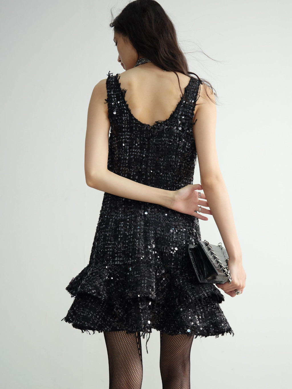 Jnylon studios Black Sequined Tassel Ruffled Distressed Women's Polyester Casual Mini Dresses