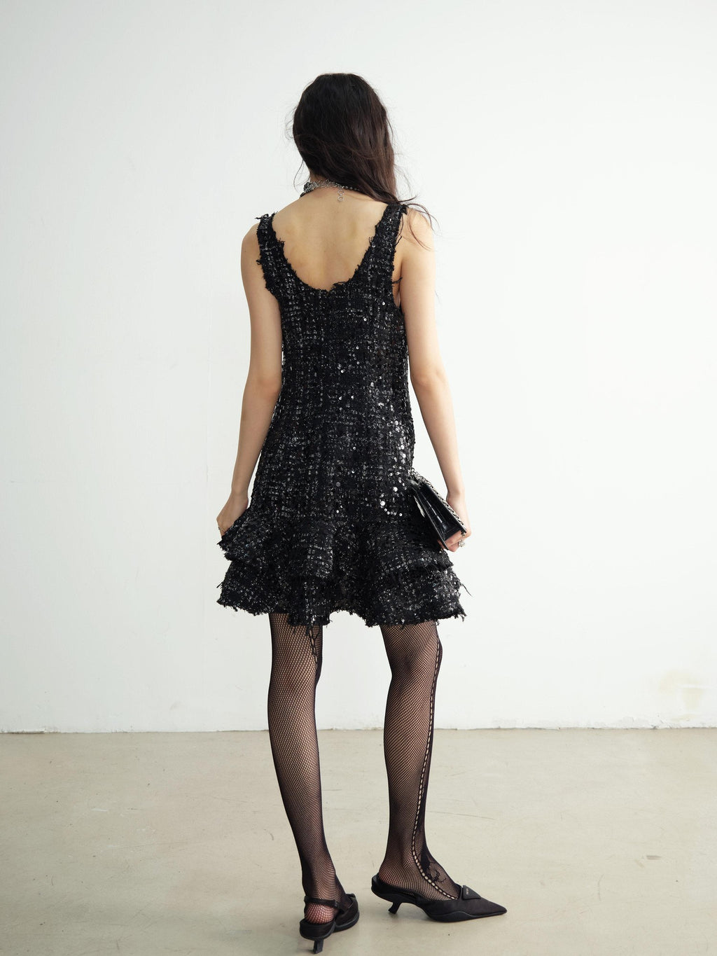 Jnylon studios Black Sequined Tassel Ruffled Distressed Women's Polyester Casual Mini Dresses
