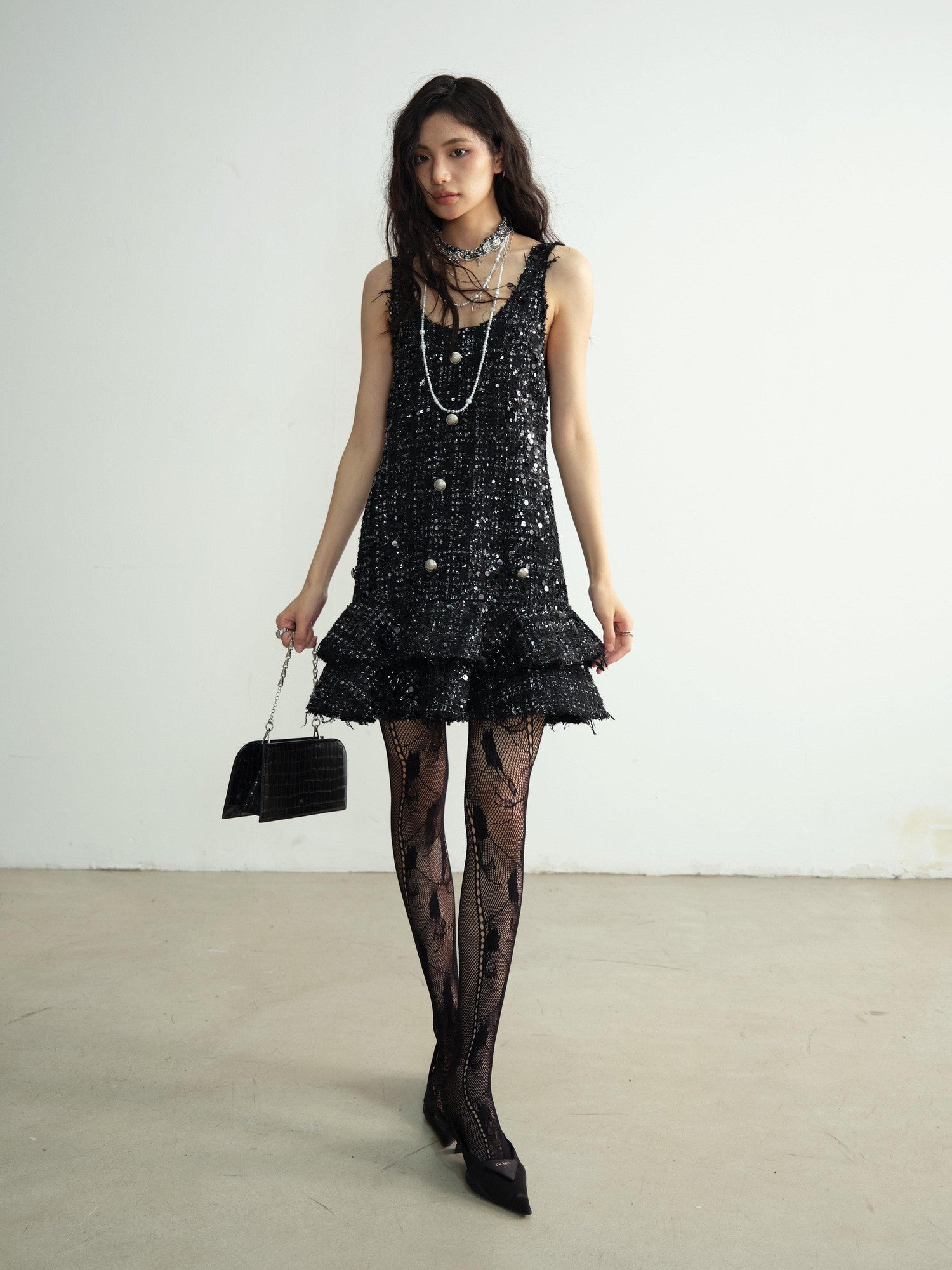 Jnylon studios Black Sequined Tassel Ruffled Distressed Women's Polyester Casual Mini Dresses