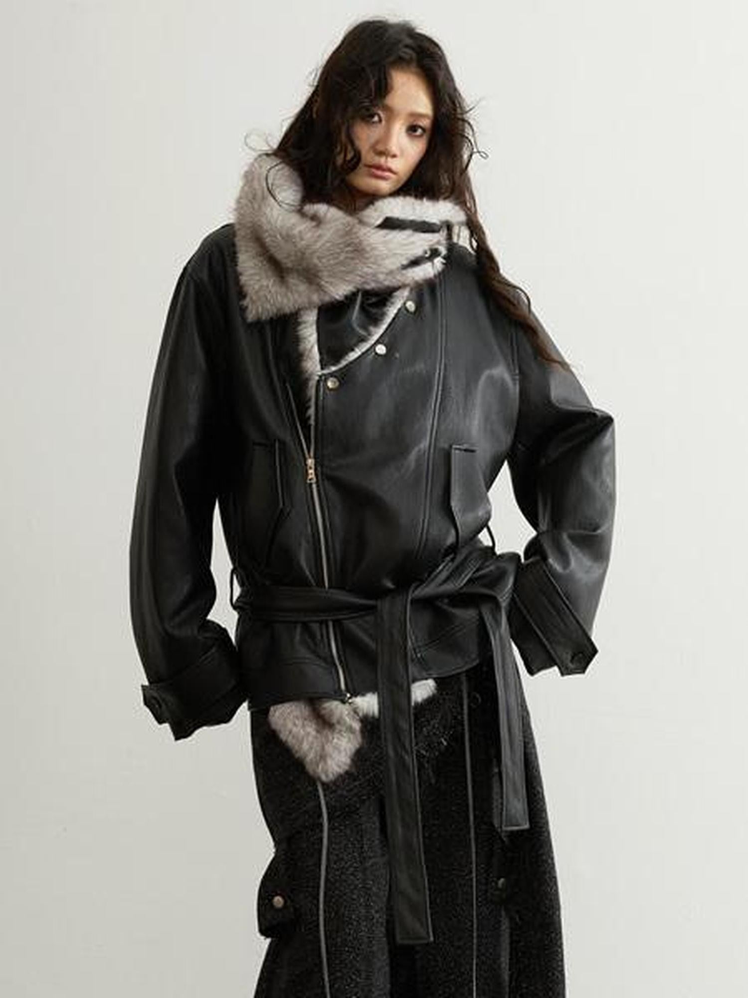 Jnylon studios Black Urban Nomadic Detachable Fur Collar Women's Pu Leather Jackets