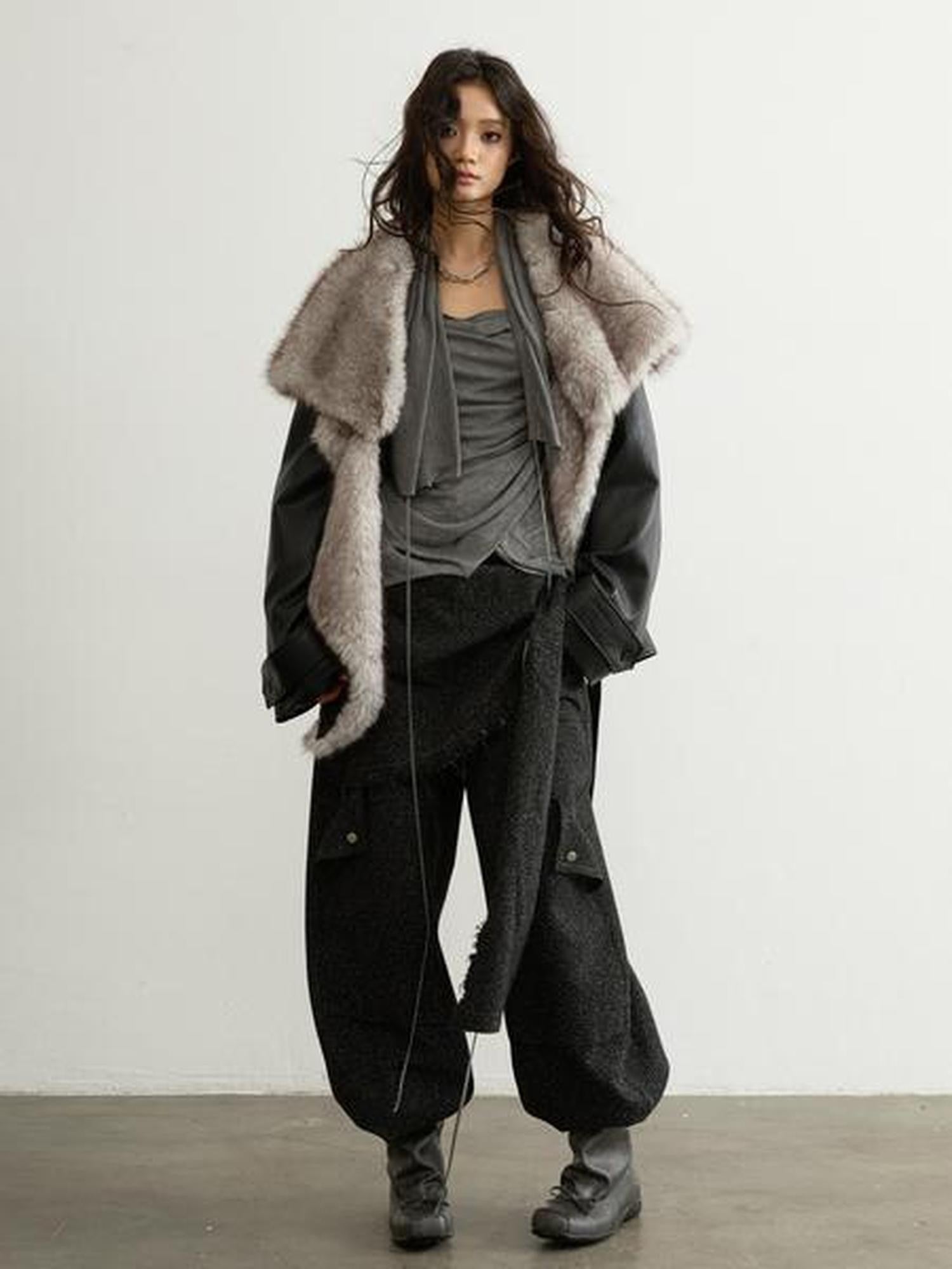 Jnylon studios Black Urban Nomadic Detachable Fur Collar Women's Pu Leather Jackets