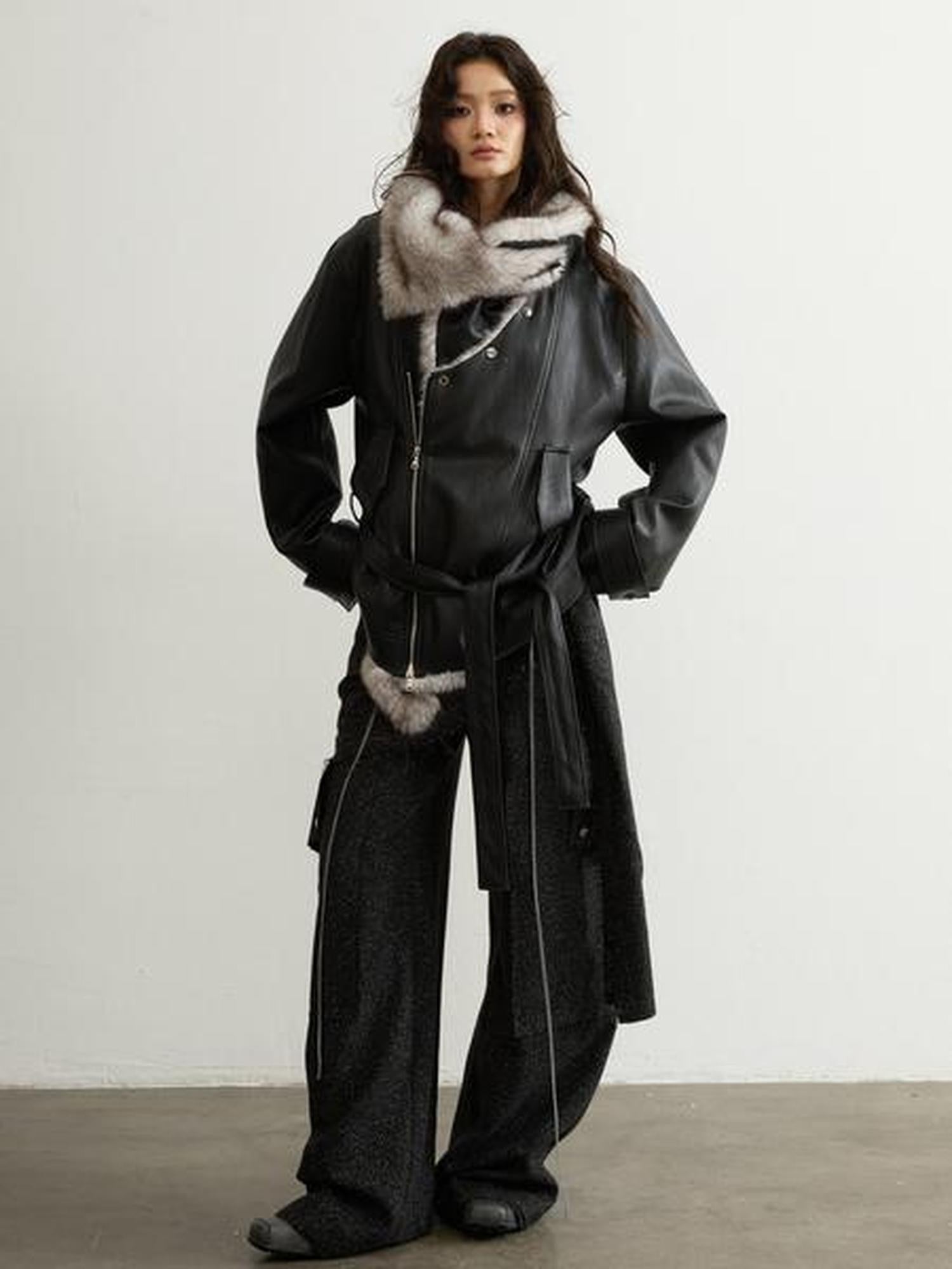 Jnylon studios Black Urban Nomadic Detachable Fur Collar Women's Pu Leather Jackets