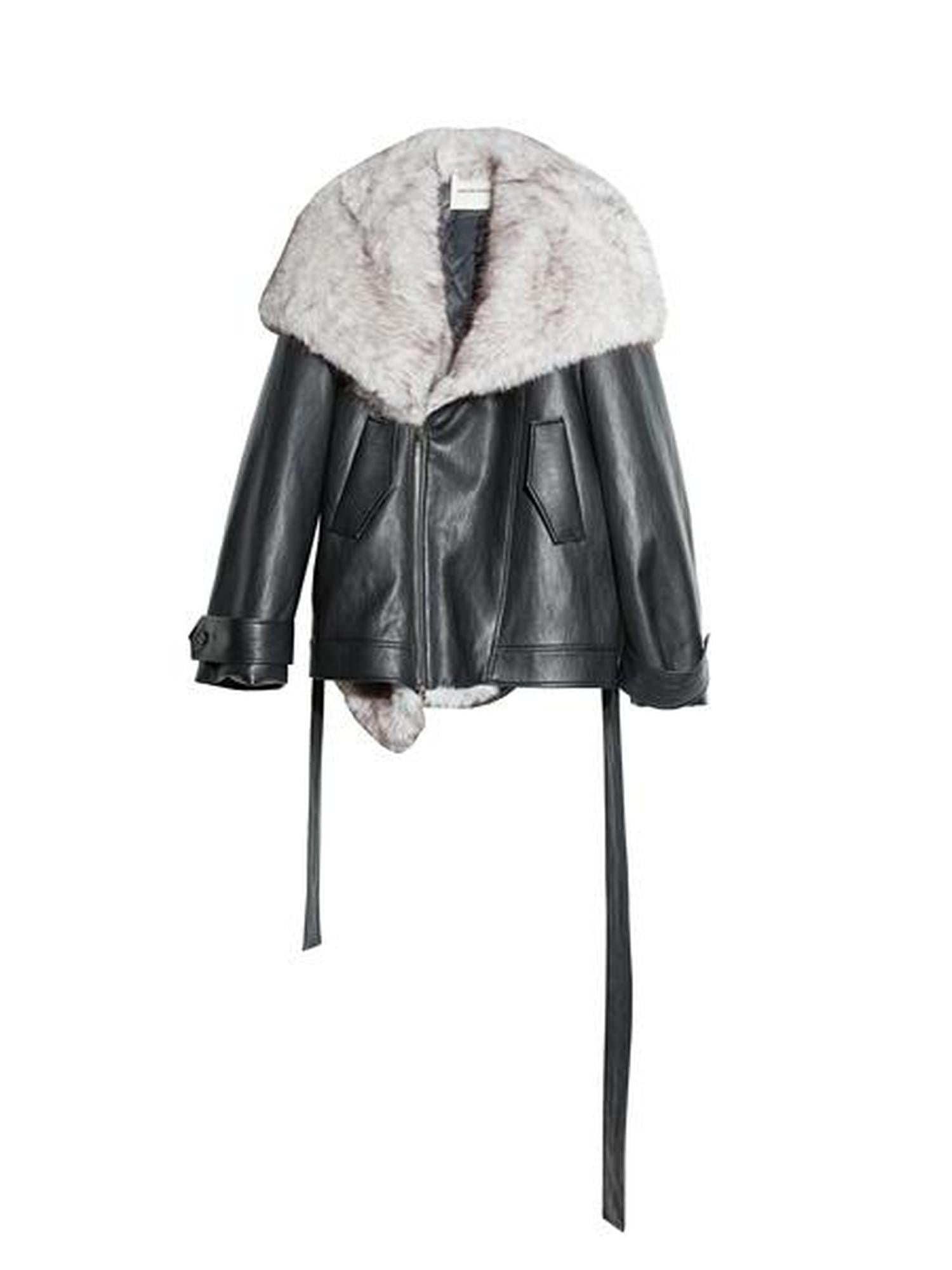 Jnylon studios Black Urban Nomadic Detachable Fur Collar Women's Pu Leather Jackets
