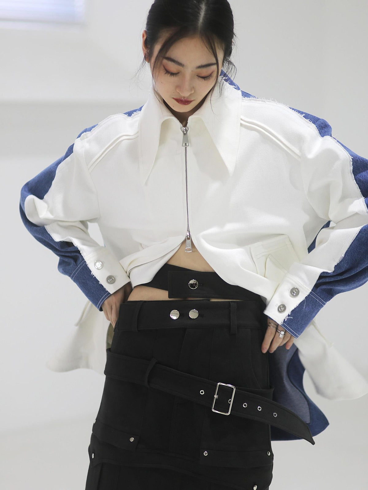 Jnylon studios Blue White Color Block Distressed Raw Hem Oversize Women's Cotton Denim Jackets