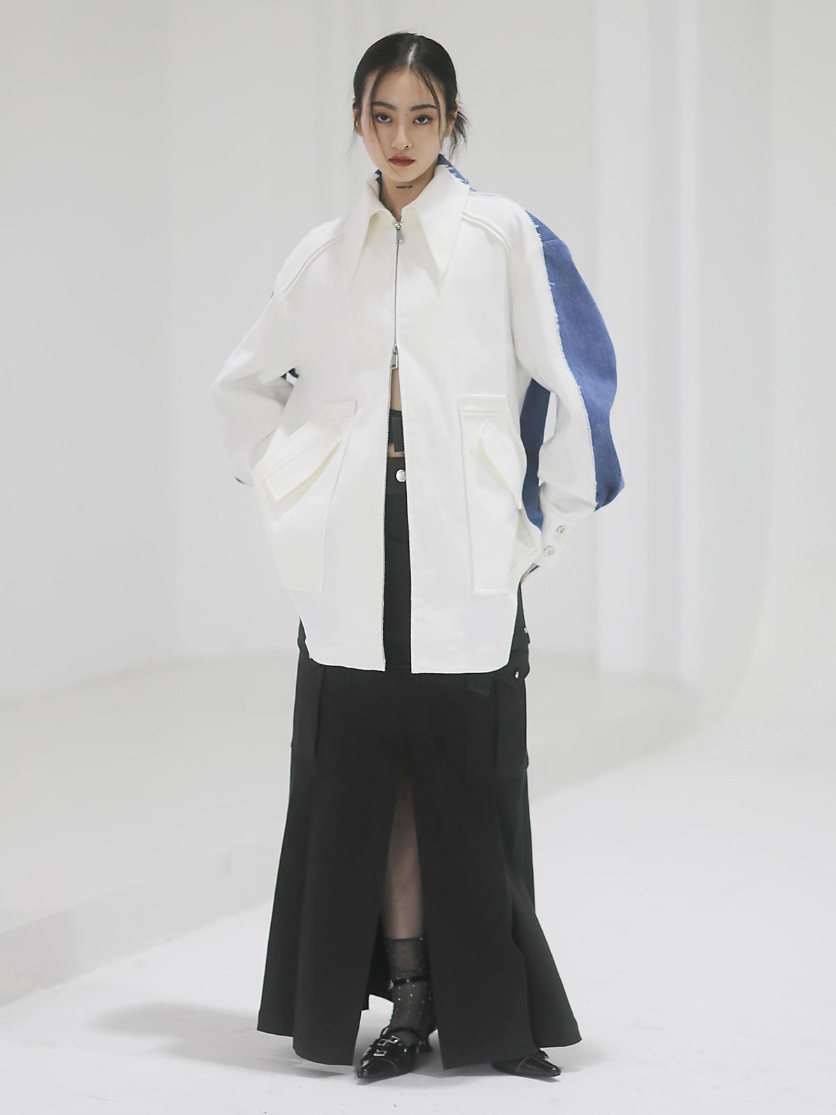 Jnylon studios Blue White Color Block Distressed Raw Hem Oversize Women's Cotton Denim Jackets