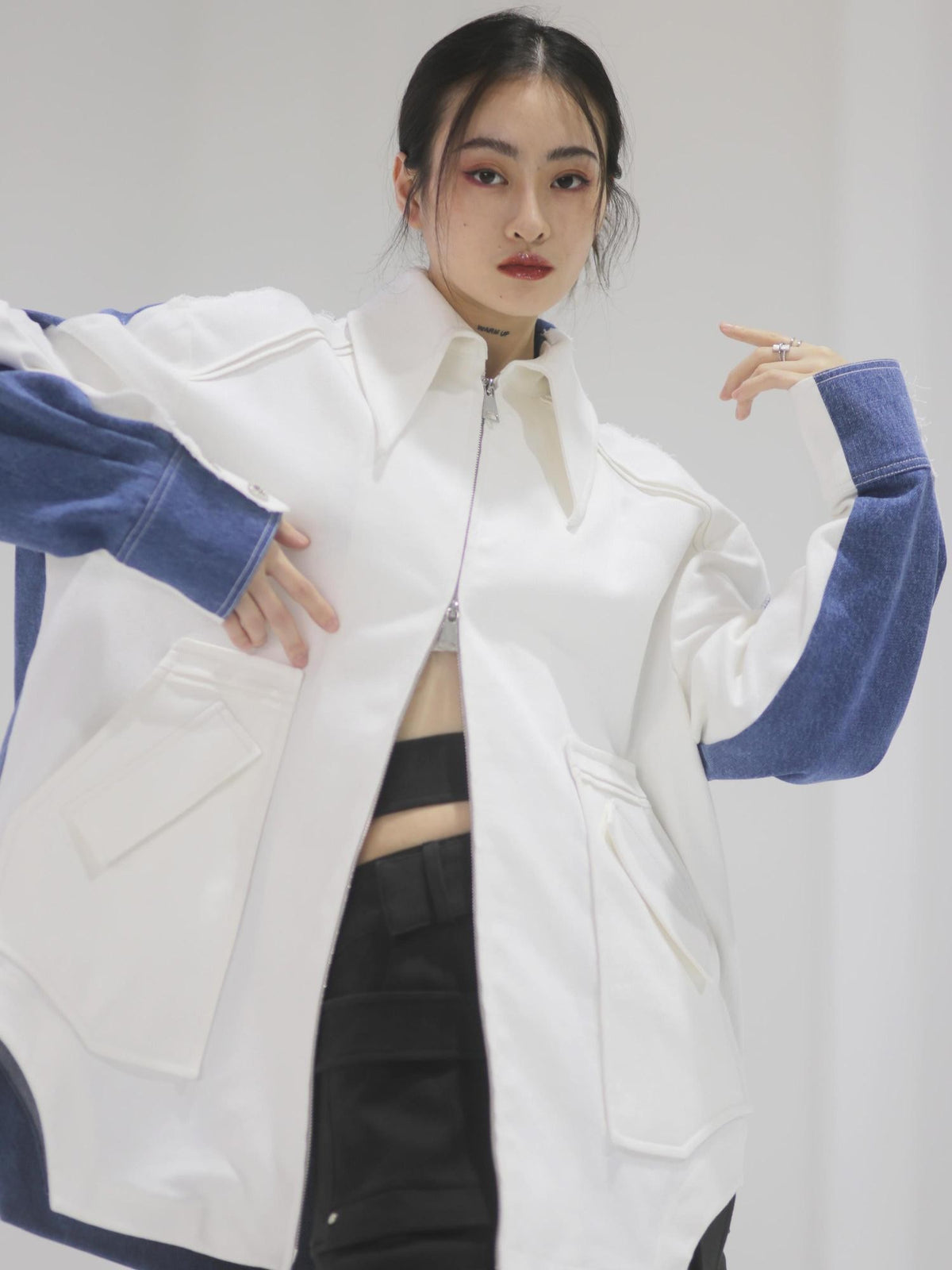 Jnylon studios Blue White Color Block Distressed Raw Hem Oversize Women's Cotton Denim Jackets