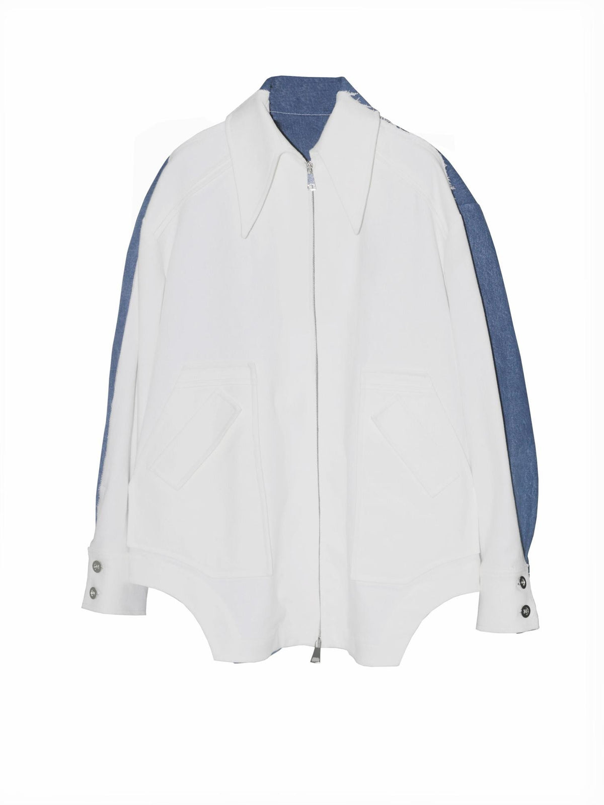 Jnylon studios Blue White Color Block Distressed Raw Hem Oversize Women's Cotton Denim Jackets
