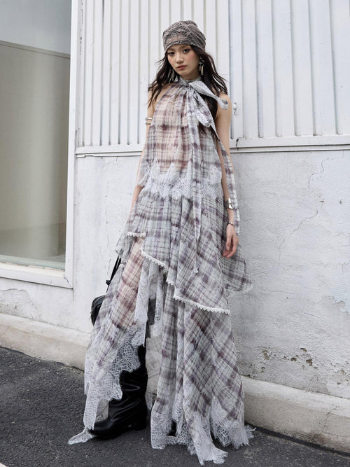 Jnylon studios Bohemian Lace Patchwork Plaid Two Piece Women's Polyester Irregular Casual Maxi Dresses