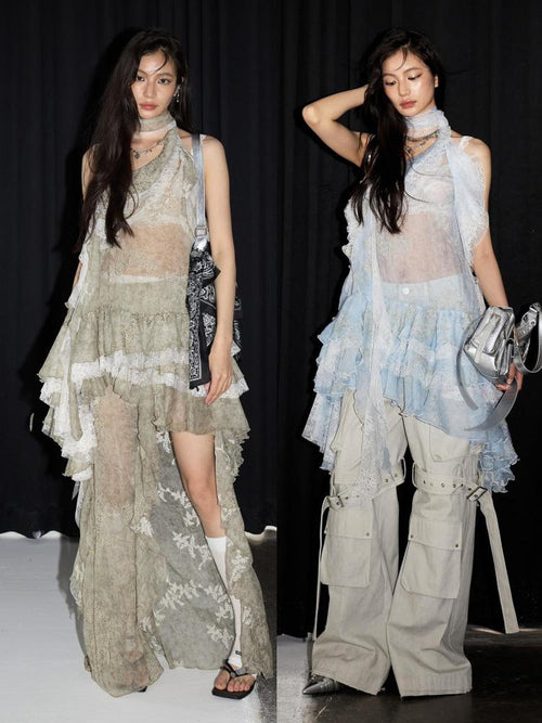 Jnylon studios Bohemian Ruffle Embroidered Halter Top Asymmetric Skirt Women's Matching Skirt Sets