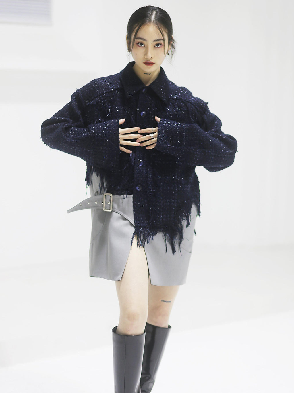 Jnylon studios Boho Distressed Fringe Patchwork Women's Tweed Utility Jackets