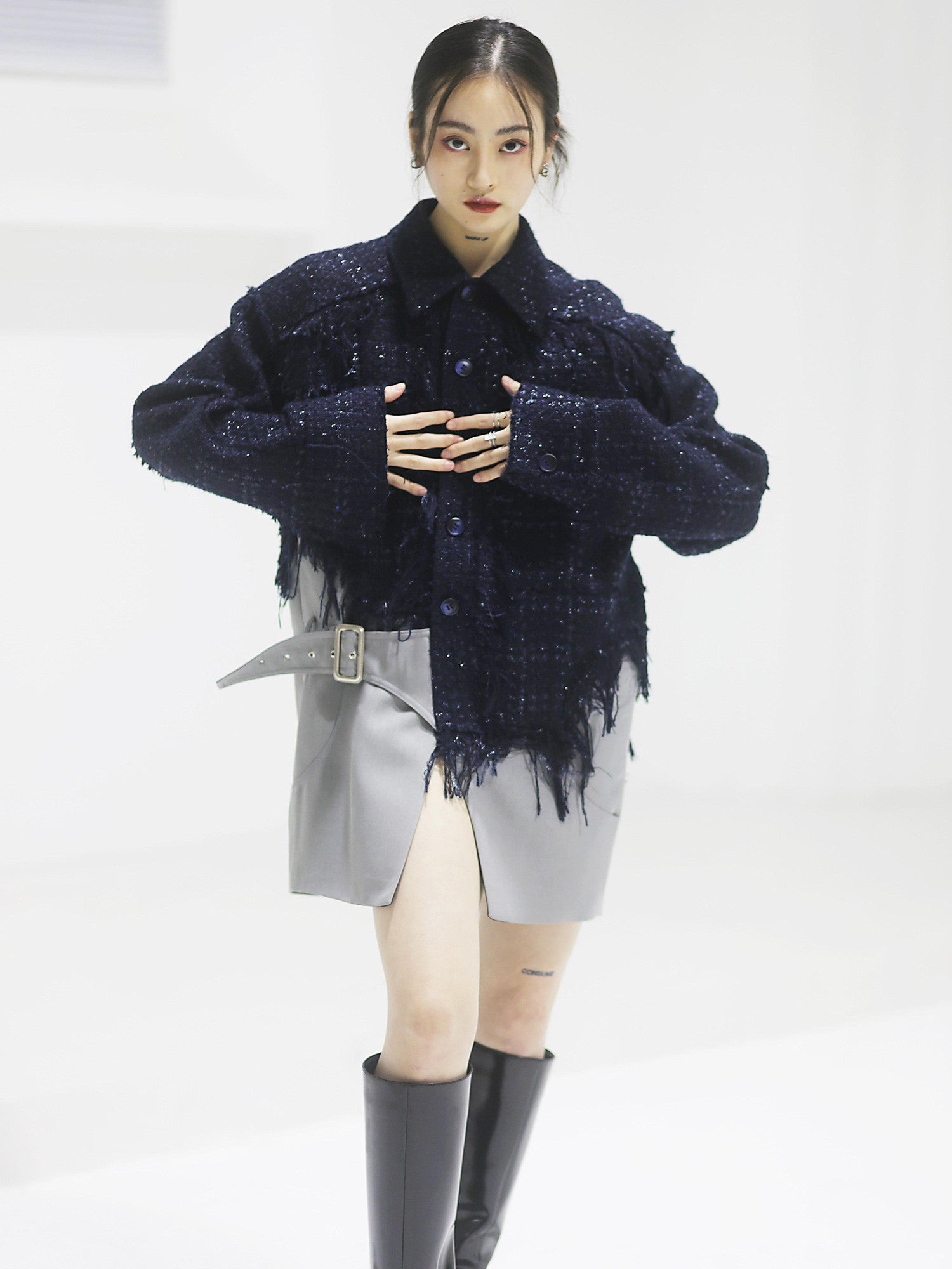 Jnylon studios Boho Distressed Fringe Patchwork Women's Tweed Utility Jackets