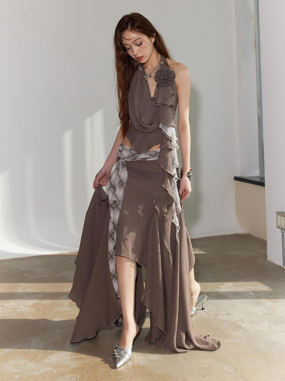 Jnylon studios Color Block Patchwork Irregular Low Waist Women's Polyester Matching Skirt Sets