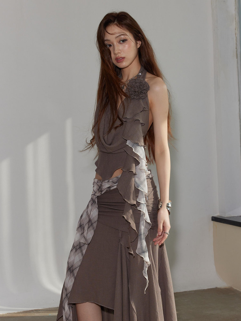 Jnylon studios Color Block Patchwork Irregular Low Waist Women's Polyester Matching Skirt Sets
