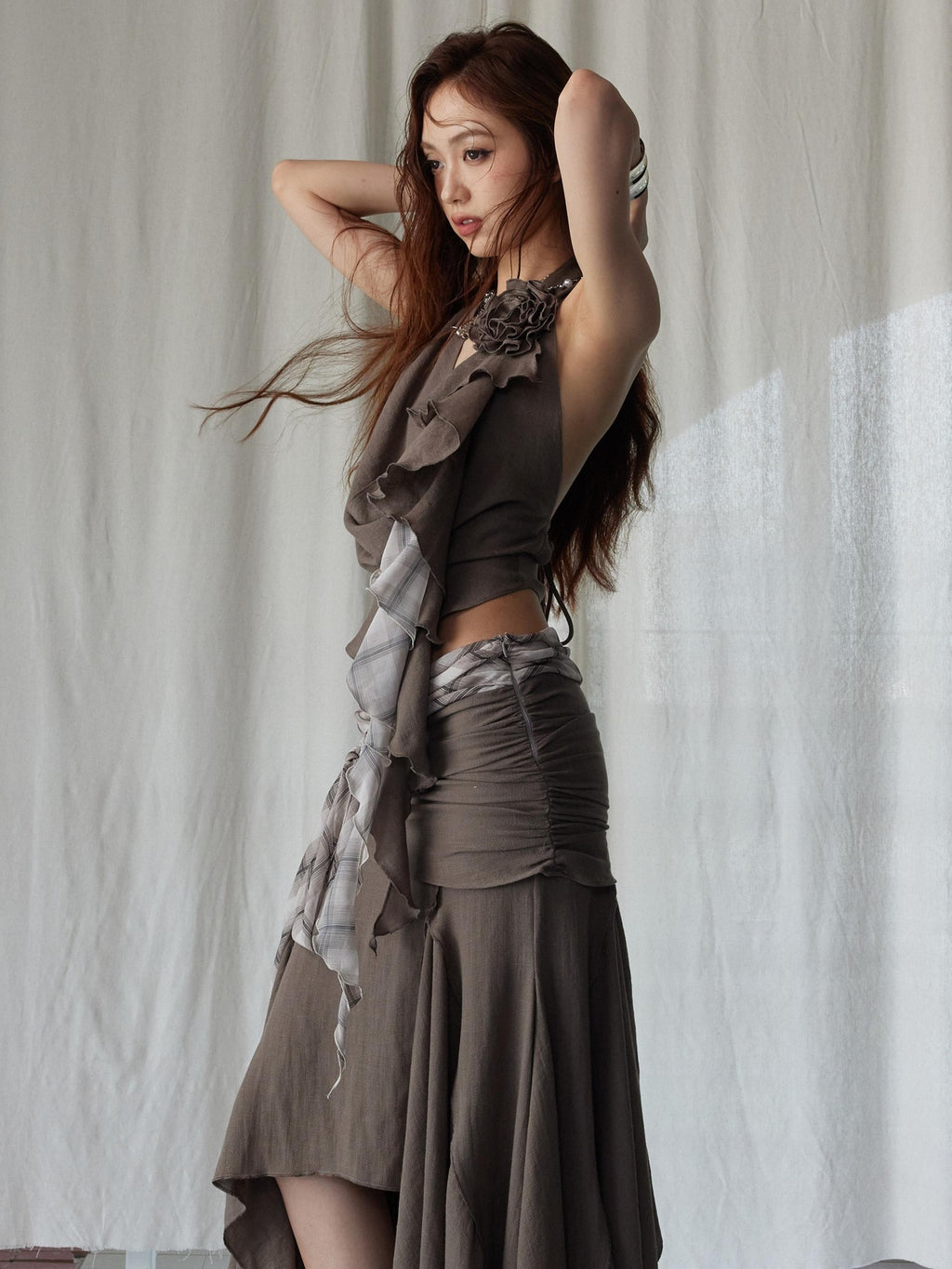 Jnylon studios Color Block Patchwork Irregular Low Waist Women's Polyester Matching Skirt Sets