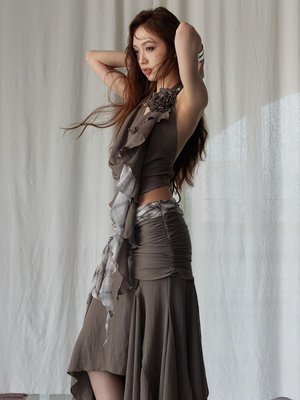 Jnylon studios Color Block Patchwork Irregular Low Waist Women's Polyester Matching Skirt Sets