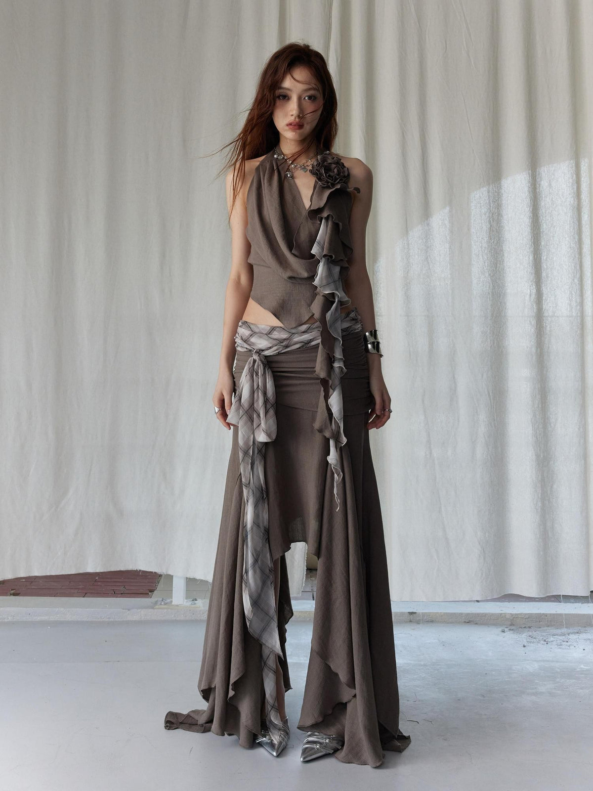 Jnylon studios Color Block Patchwork Irregular Low Waist Women's Polyester Matching Skirt Sets