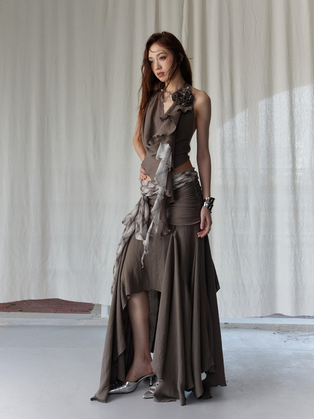 Jnylon studios Color Block Patchwork Irregular Low Waist Women's Polyester Matching Skirt Sets