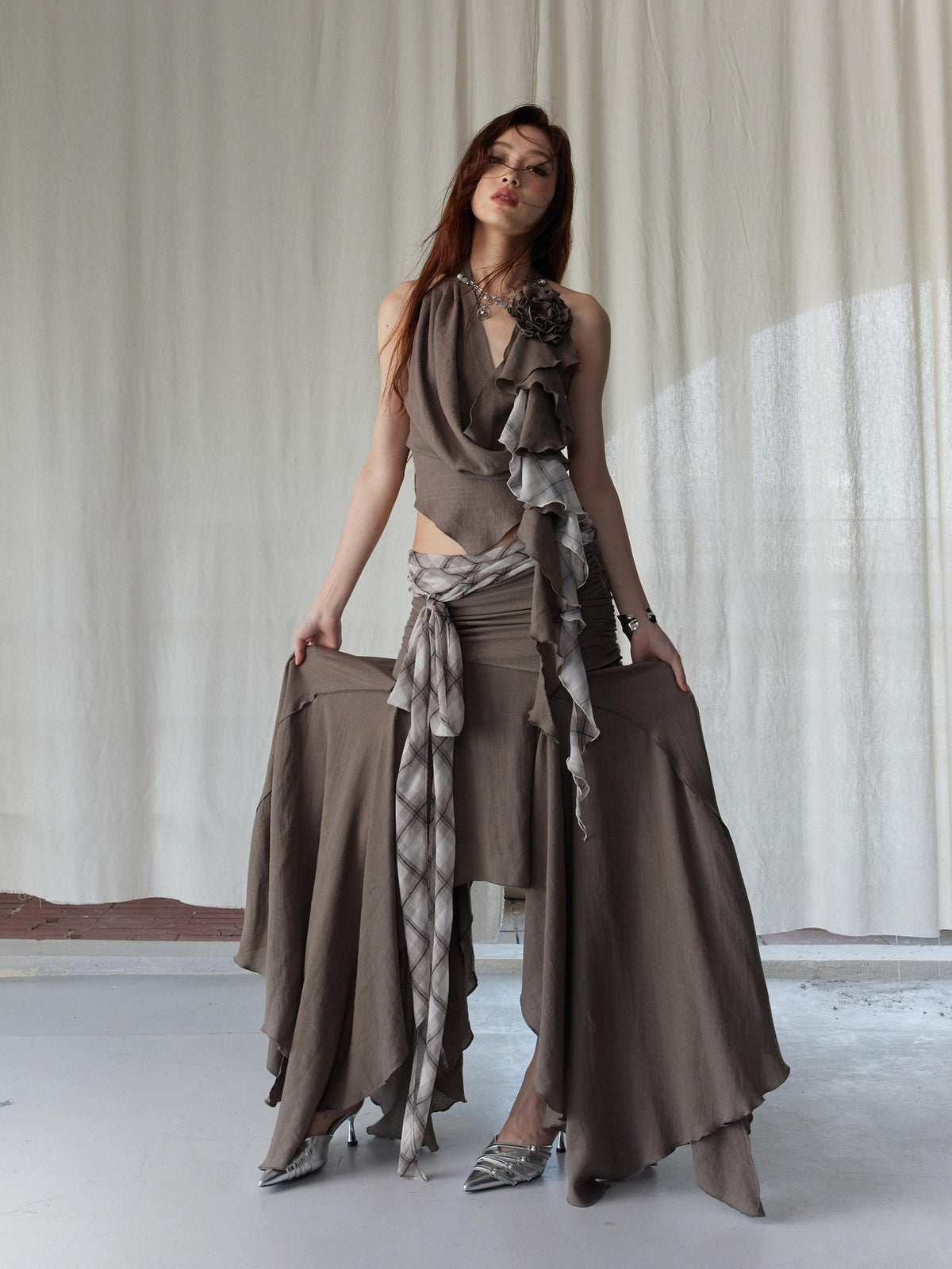 Jnylon studios Color Block Patchwork Irregular Low Waist Women's Polyester Matching Skirt Sets