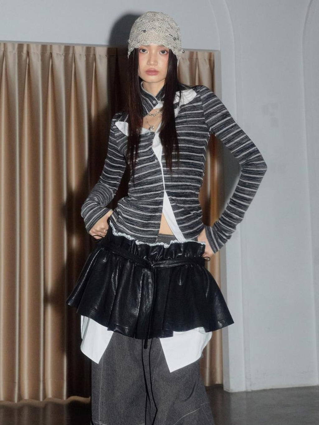 Jnylon studios Color Block Patchwork Low Rise Pu Bubble Women's Leather Skirts
