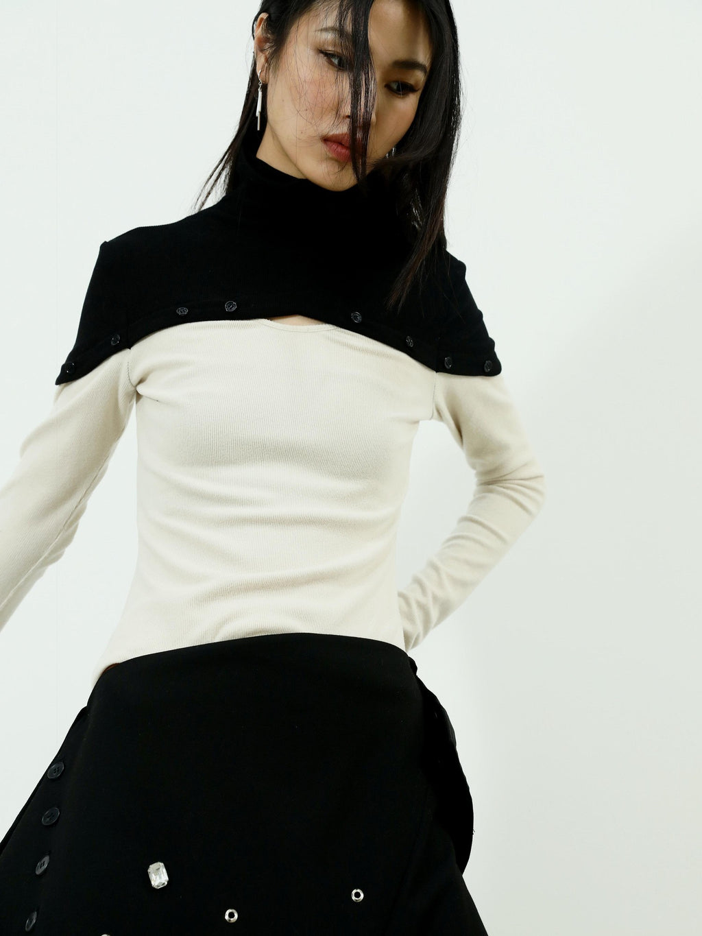 Jnylon studios Contrast Color Splice Faux Two Piece Mock Neck Women's Long Sleeve T-shirts