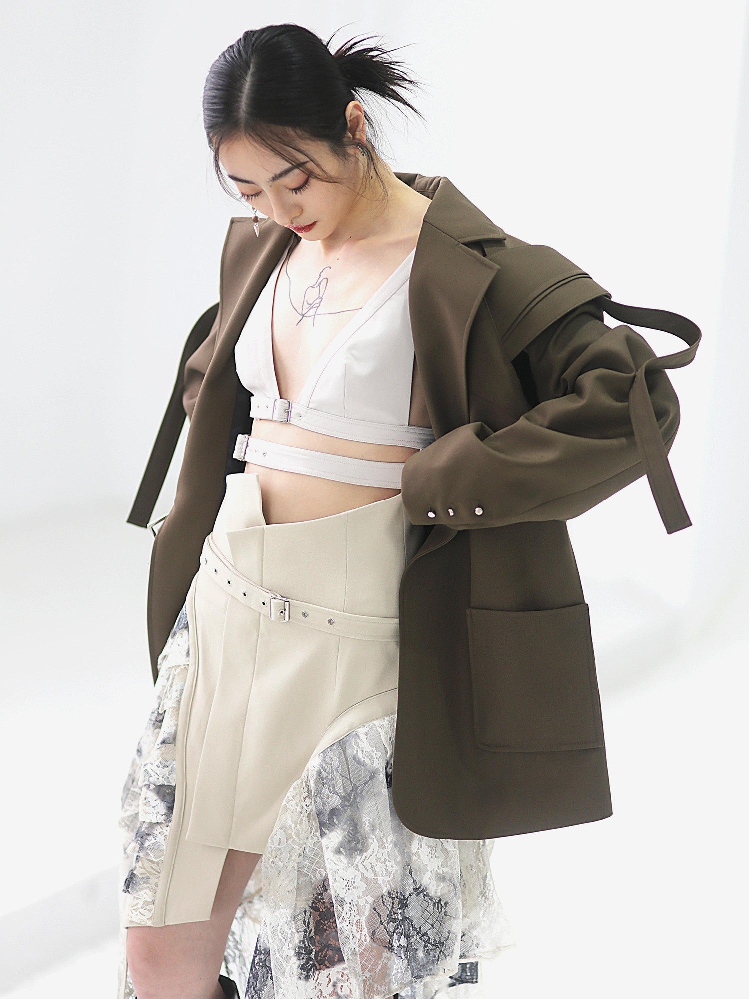 Jnylon studios Cutout Ribbon Linear Adjustable Waist Deconstructed Women's Polyester Blazers