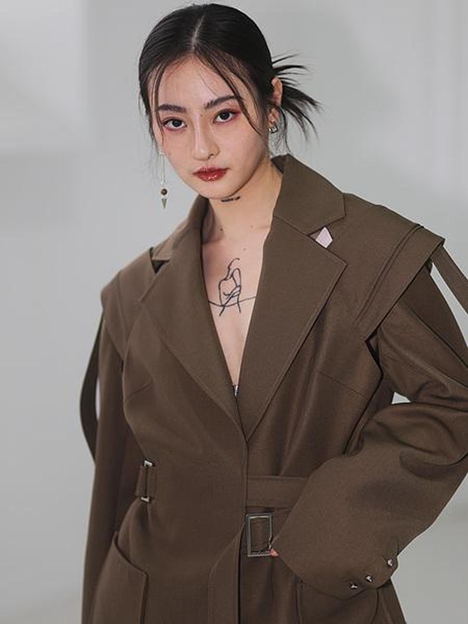 Jnylon studios Cutout Ribbon Linear Adjustable Waist Deconstructed Women's Polyester Blazers