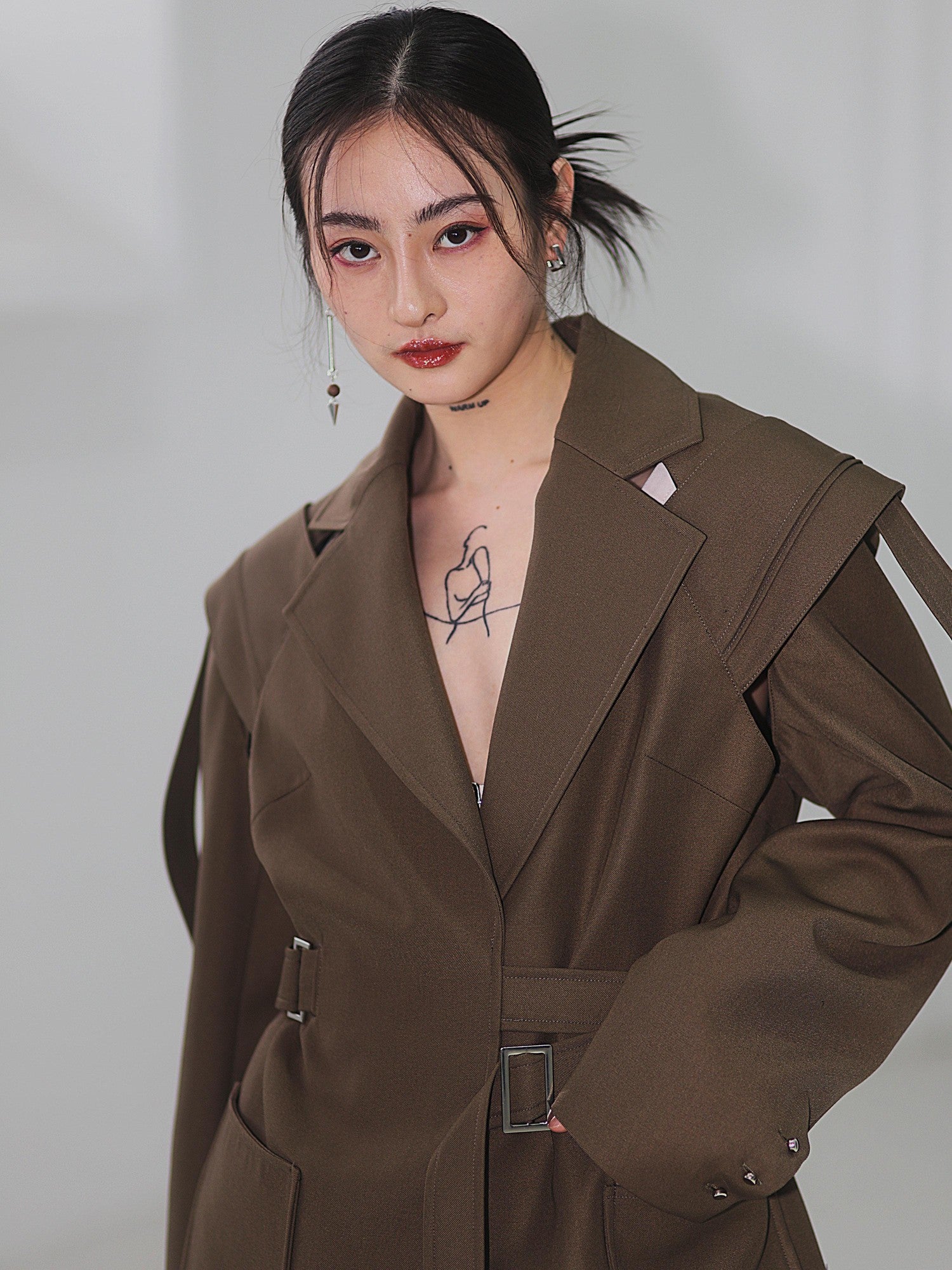 Jnylon studios Cutout Ribbon Linear Adjustable Waist Deconstructed Women's Polyester Blazers