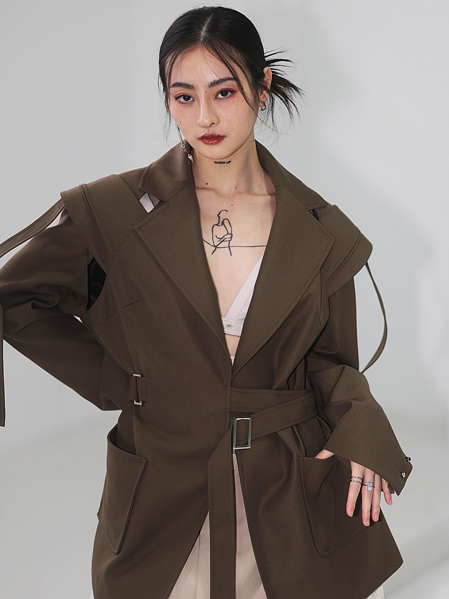 Jnylon studios Cutout Ribbon Linear Adjustable Waist Deconstructed Women's Polyester Blazers