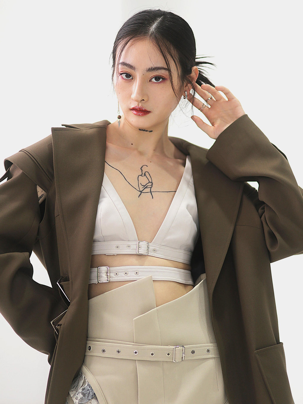 Jnylon studios Cutout Ribbon Linear Adjustable Waist Deconstructed Women's Polyester Blazers