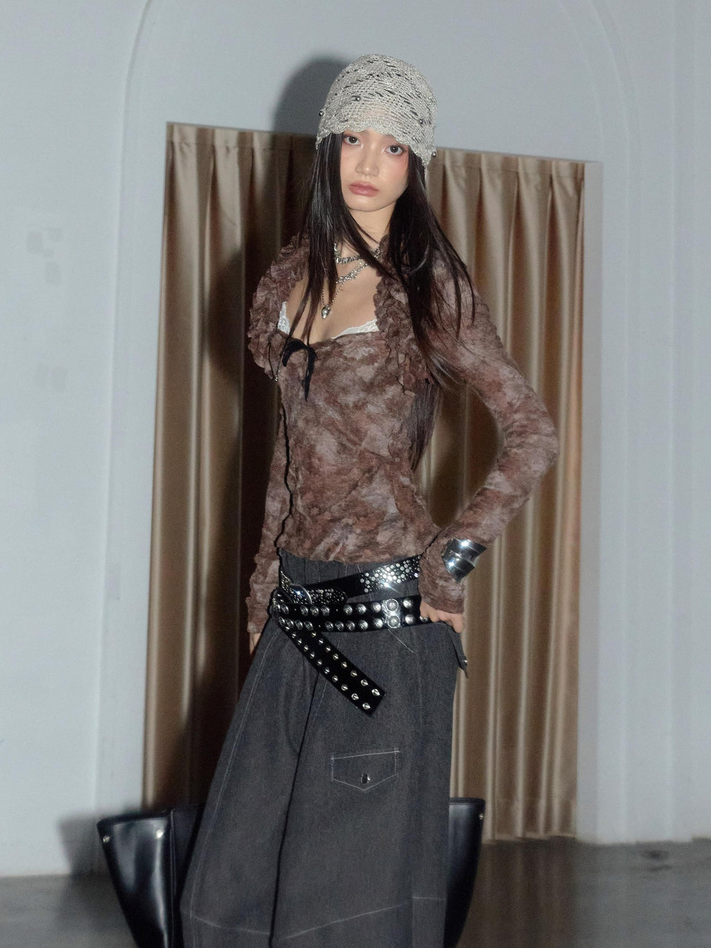 Jnylon studios Dark Coffee Lace Ruffle Print Women's Polyester Long Sleeve T-shirts