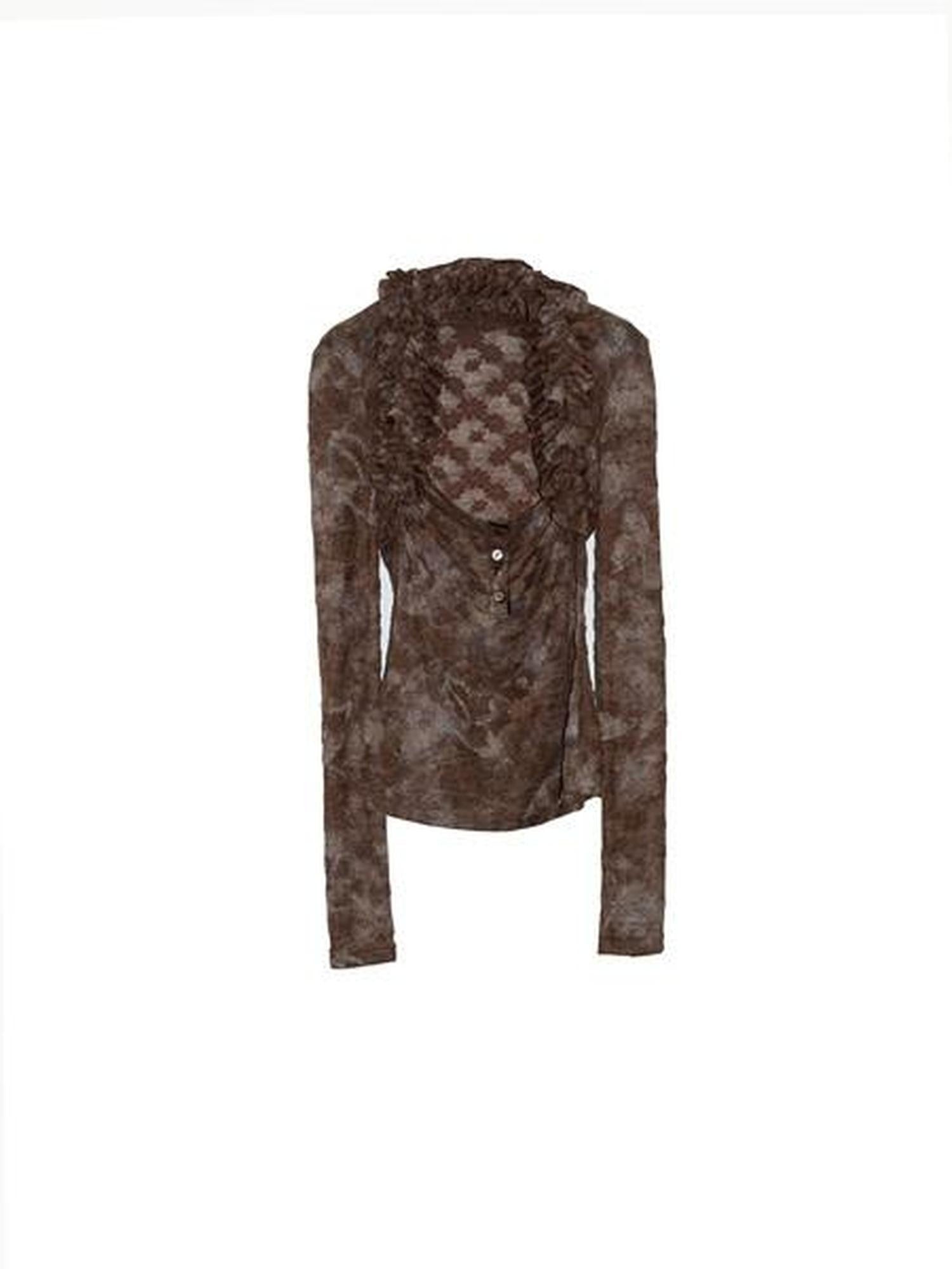 Jnylon studios Dark Coffee Lace Ruffle Print Women's Polyester Long Sleeve T-shirts