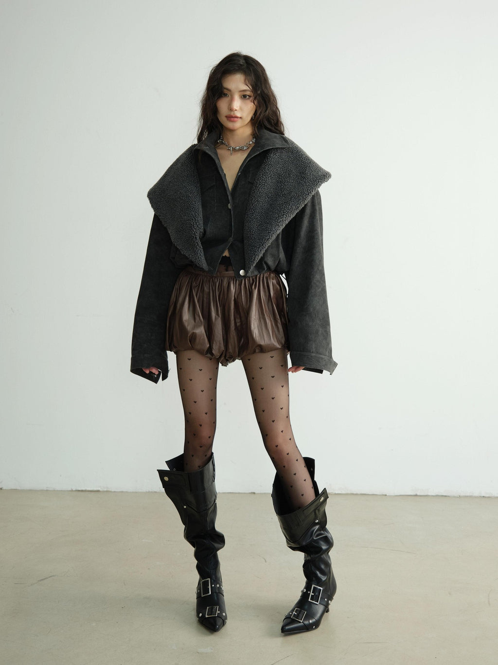Jnylon studios Dark Crinkled Vintage Ballet Pumpkin Lantern Women's Pu Leather Skorts