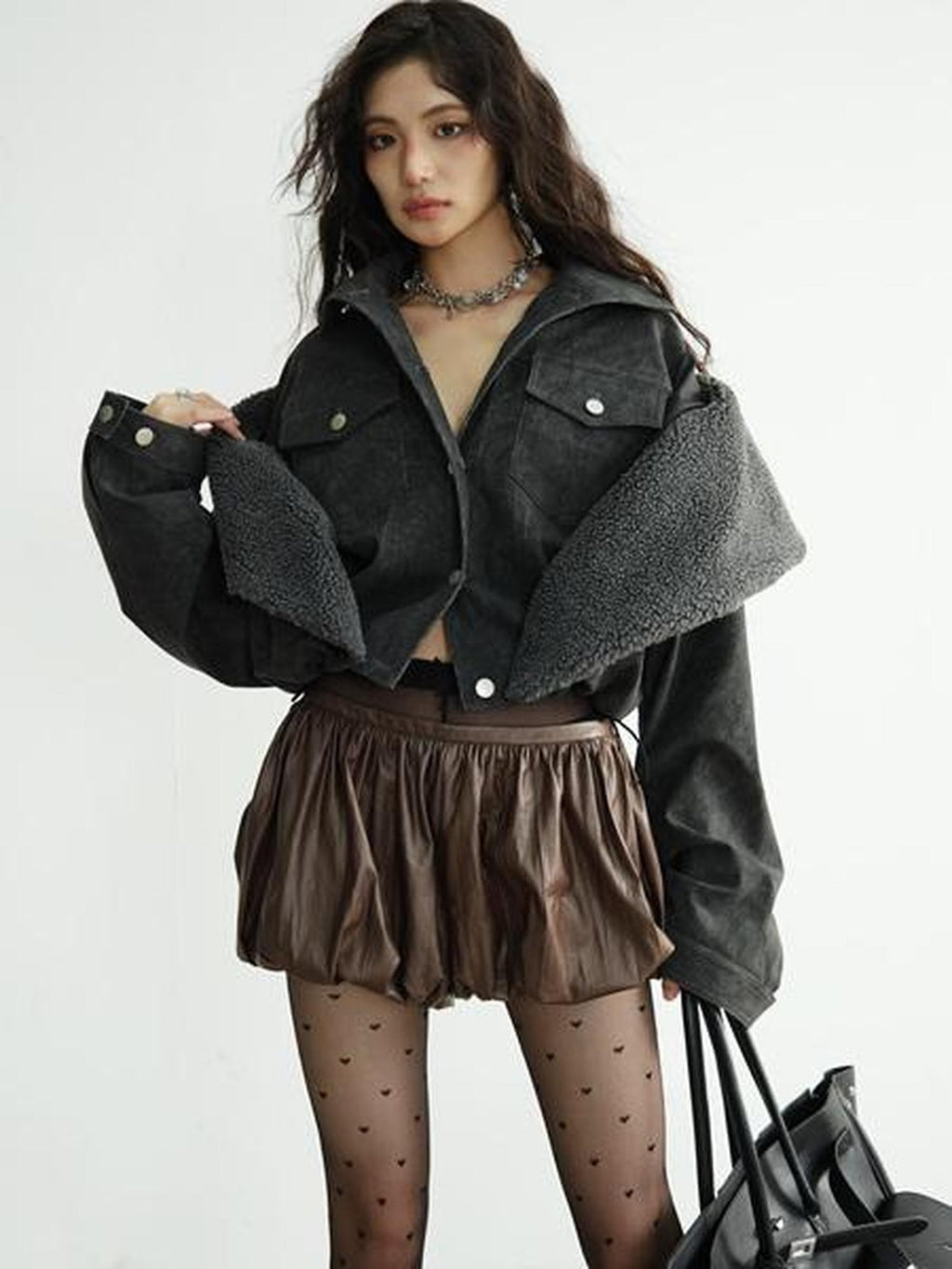 Jnylon studios Dark Crinkled Vintage Ballet Pumpkin Lantern Women's Pu Leather Skorts