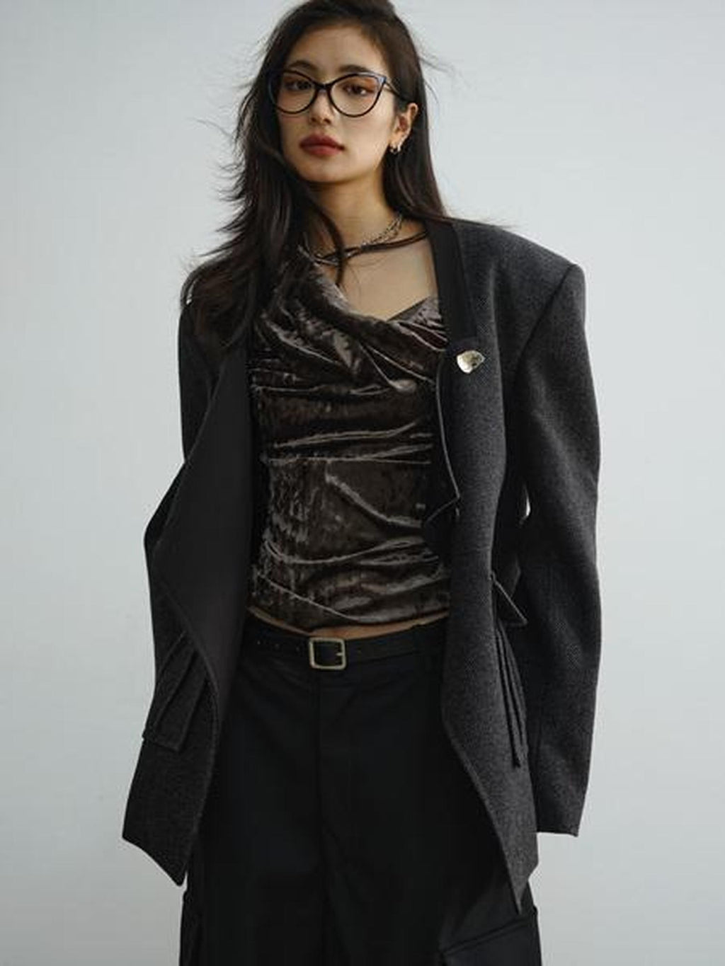 Jnylon studios Dark Gray Asymmetric Placket Pocket Boxy Wool Women's Casual Jackets