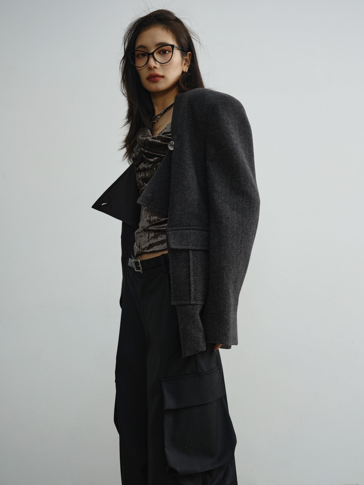 Jnylon studios Dark Gray Asymmetric Placket Pocket Boxy Wool Women's Casual Jackets