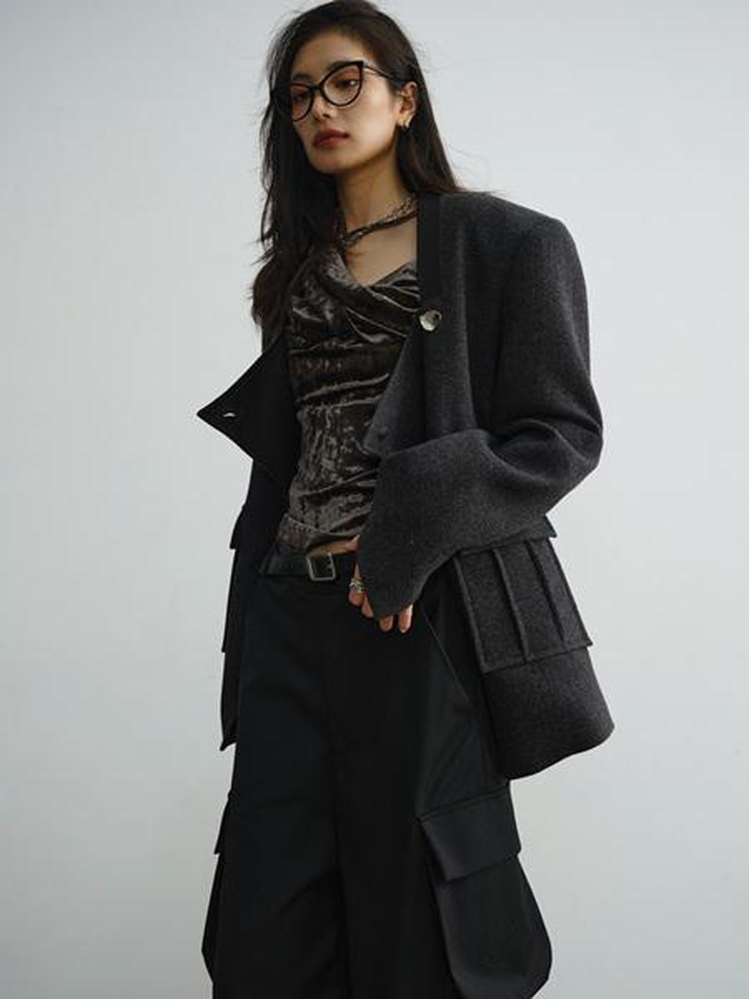 Jnylon studios Dark Gray Asymmetric Placket Pocket Boxy Wool Women's Casual Jackets
