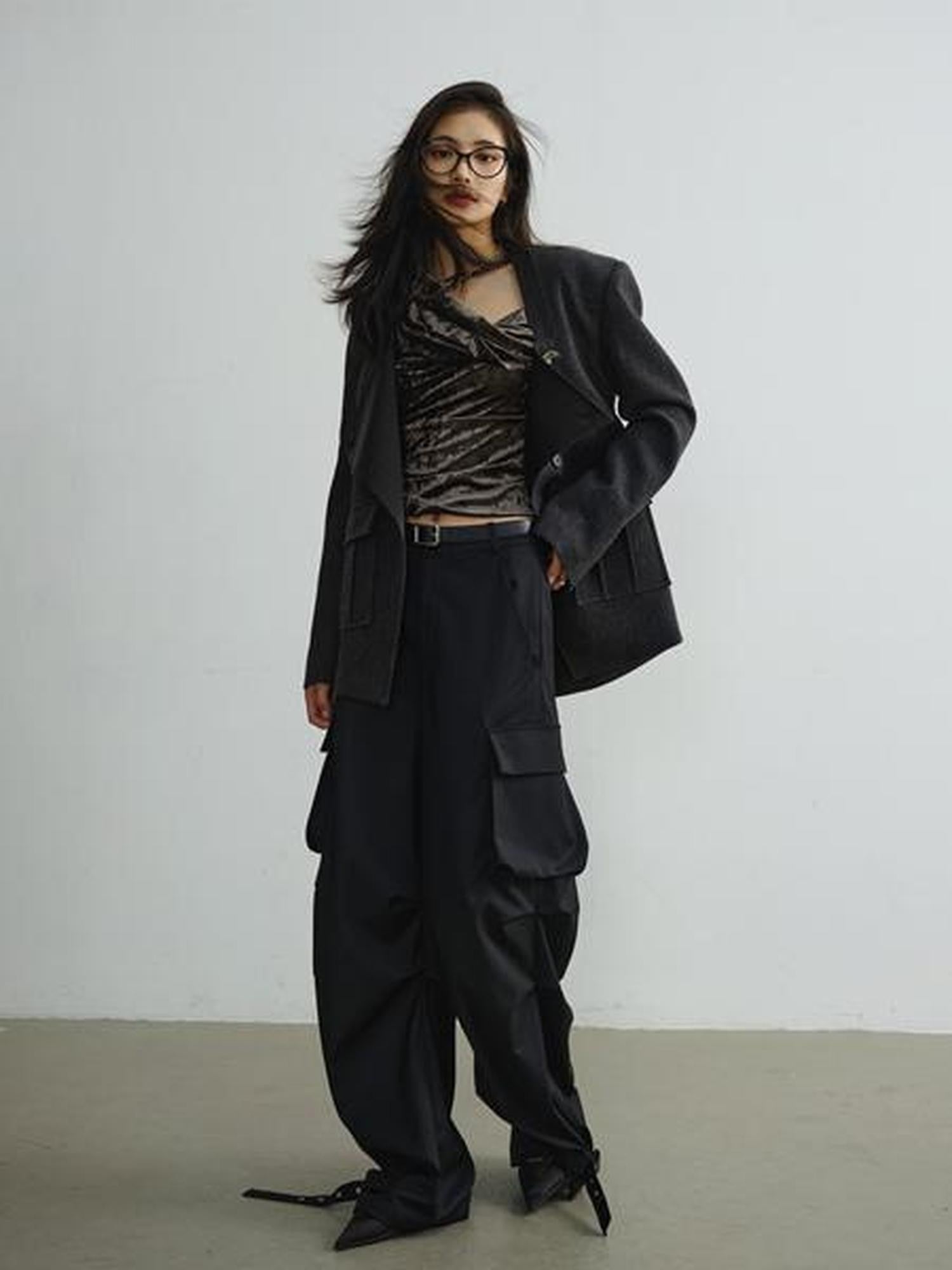 Jnylon studios Dark Gray Asymmetric Placket Pocket Boxy Wool Women's Casual Jackets