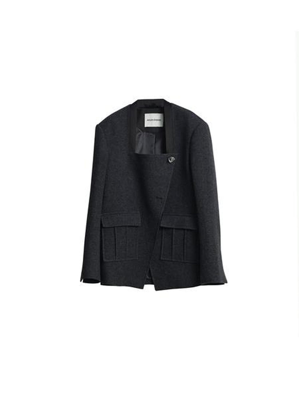 Jnylon studios Dark Gray Asymmetric Placket Pocket Boxy Wool Women's Casual Jackets